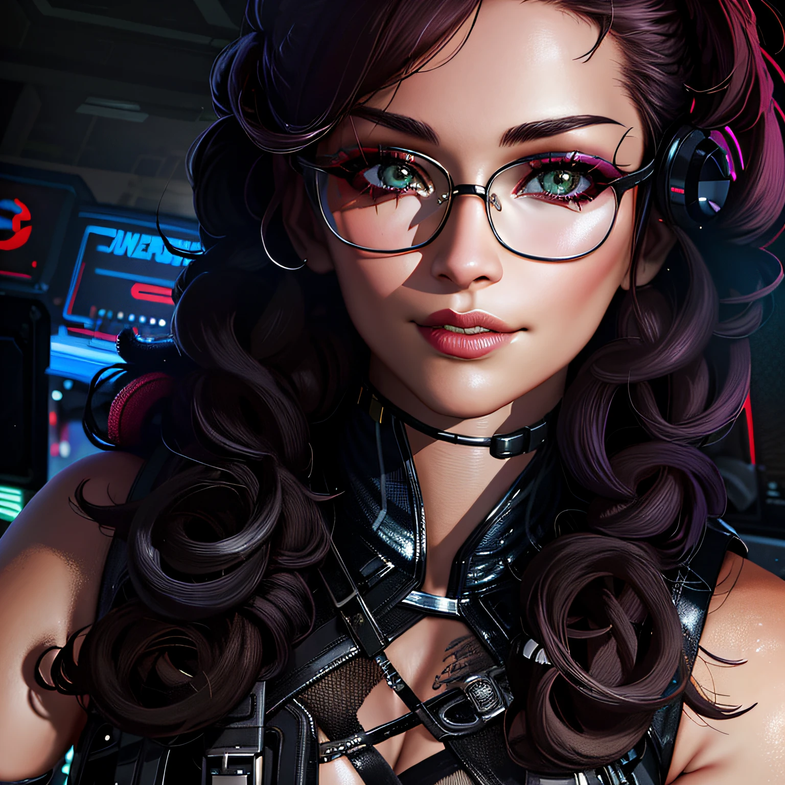there is a woman with glasses and a leather outfit posing for a picture, dreamy cyberpunk girl, the cyberpunk girl portrait, cyberpunk beautiful girl, cyberpunk portrait, cyberpunk art ultrarealistic 8k, beautiful cyberpunk girl face, rossdraws portrait, cyberpunk anime girl, digital cyberpunk anime art, cute cyborg girl, female cyberpunk anime girl, cyberpunk judy alvarez