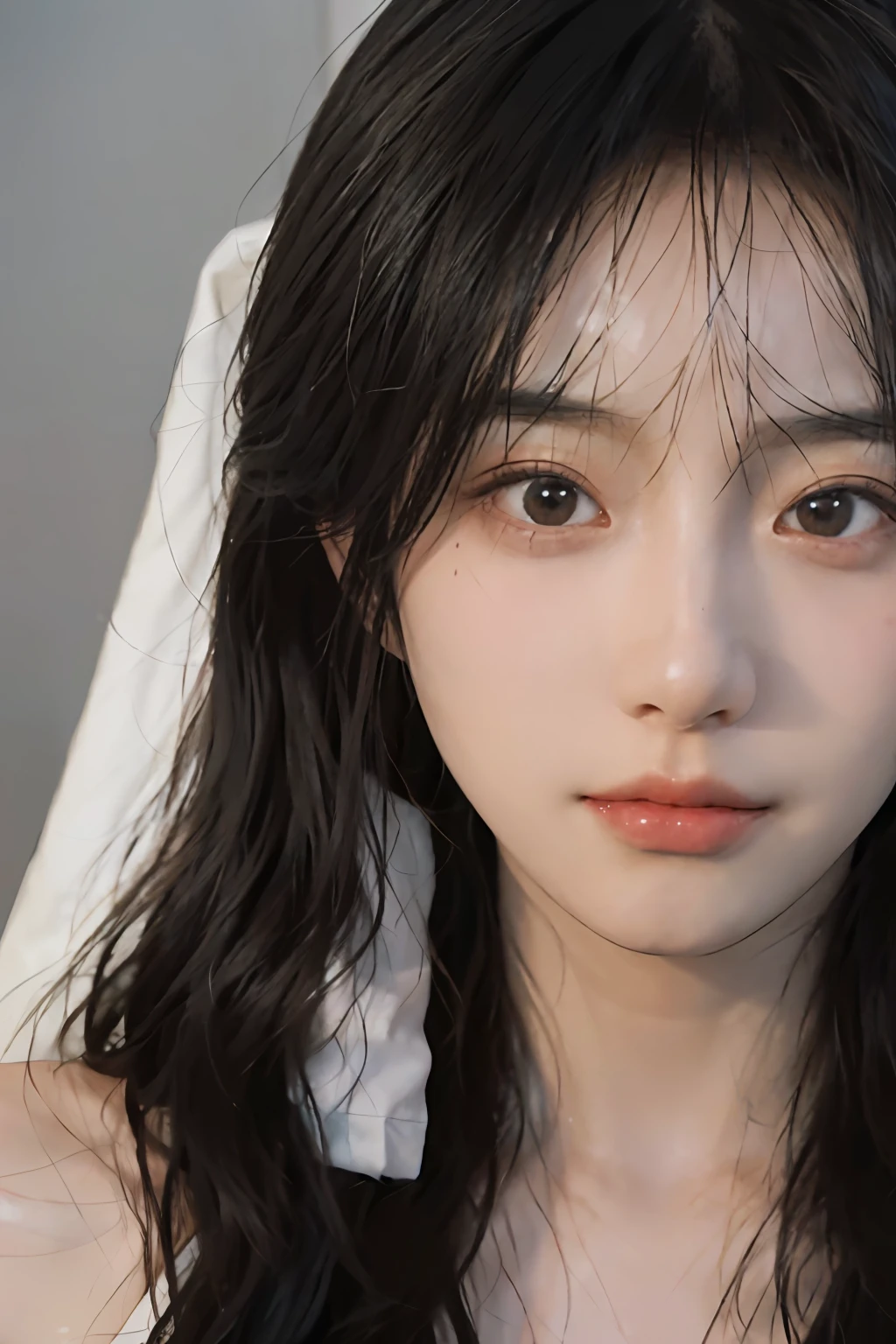 a close up of a woman with long hair wearing a white towel, a photorealistic painting by Zhang Han, tumblr, realism, realistic. cheng yi, soft portrait shot 8 k, lovely delicate face, beautiful delicate face, beautiful aesthetic face, beautiful realistic face, extremely beautiful face, guweiz, cute natural anime face, photorealistic anime, realistic beautiful face