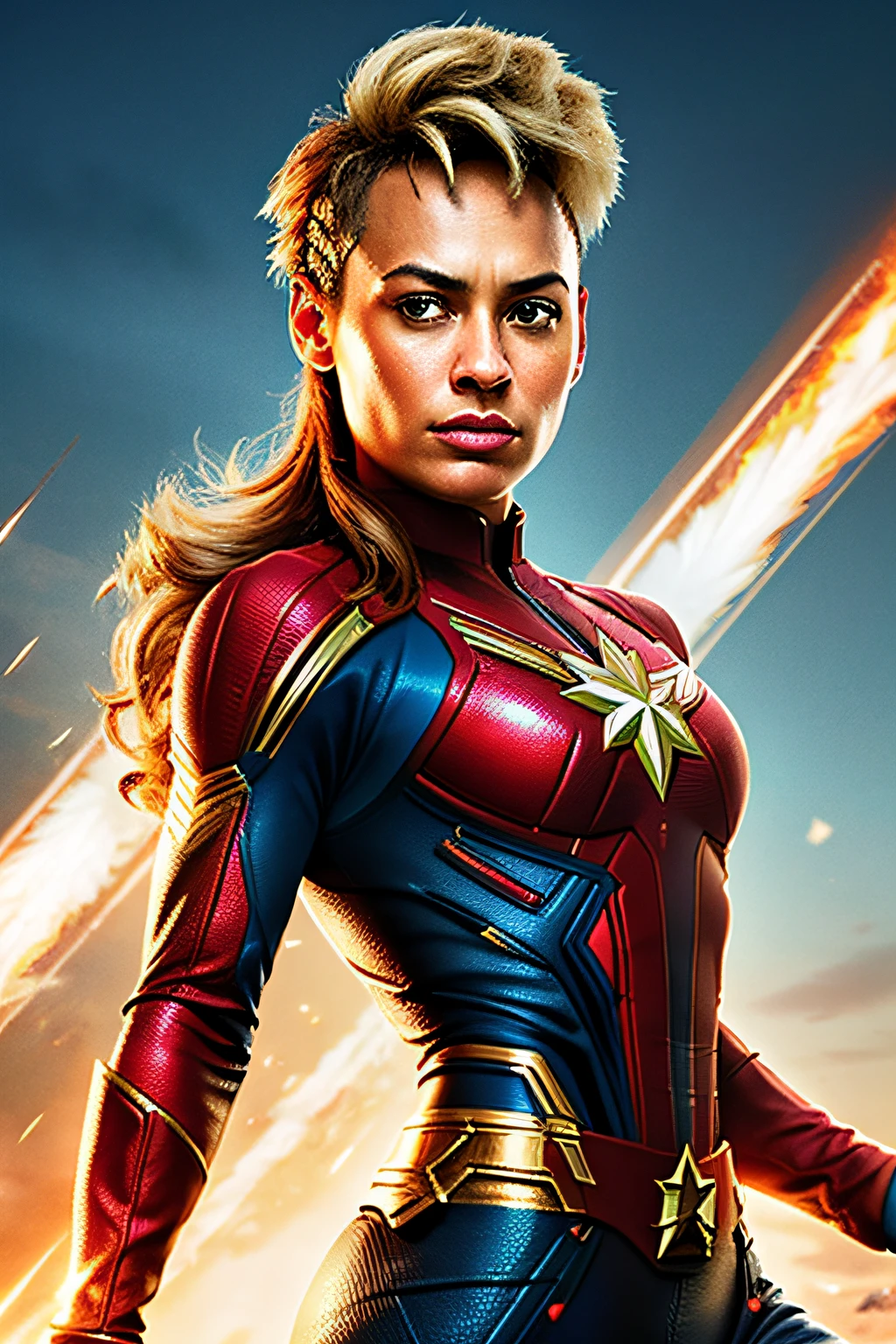 (8k, RAW photo, best quality, masterpiece: 1.2), ultra detailed, official art, photo-realistic: 1.37, upper body shot, Neymar as Captain Marvel, with mohawk hair, film grain, action pose