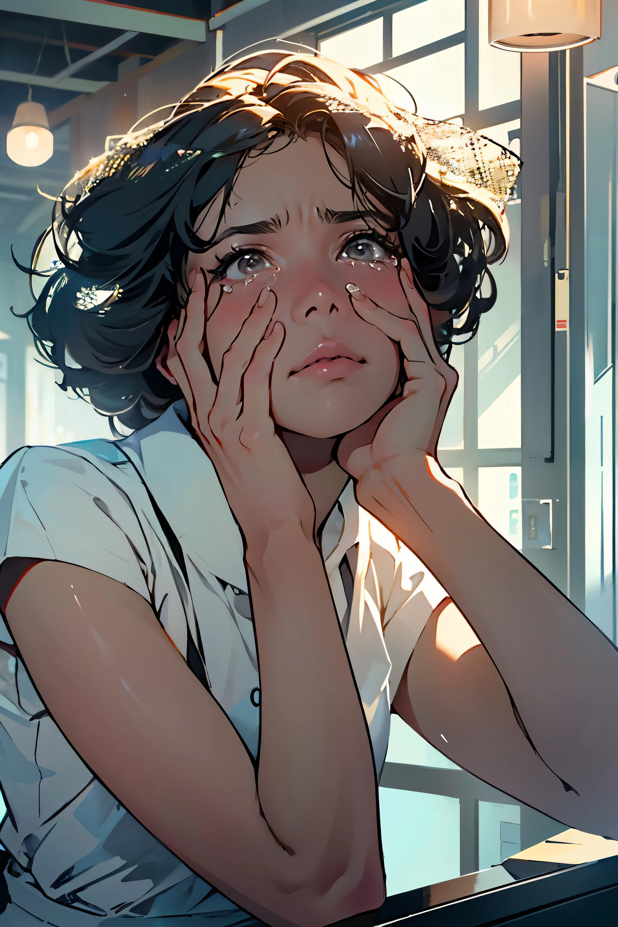 masterpiece, best quality,8k resolution,realistic,
1 girl, Crying, girl wiping glass