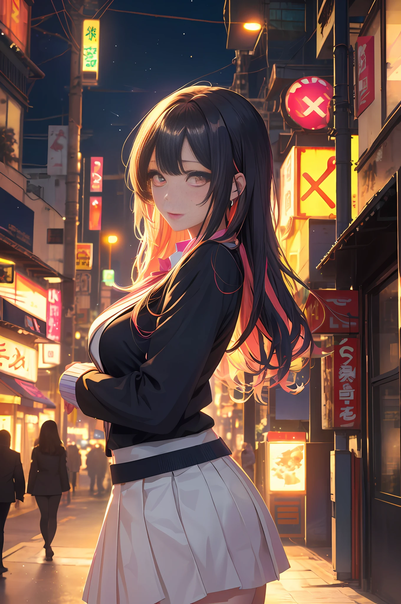 A beautiful woman in gyaru makeup wearing school uniform on the bustling streets of Gintama, surrounded by vendors, beautiful portrait of a stunning goddess girl, beautiful detailed face, porcelain skin, half body shot, centered,((moonlight,night,big neons,strong neon lighting,rim lighting,two tone lighting))),