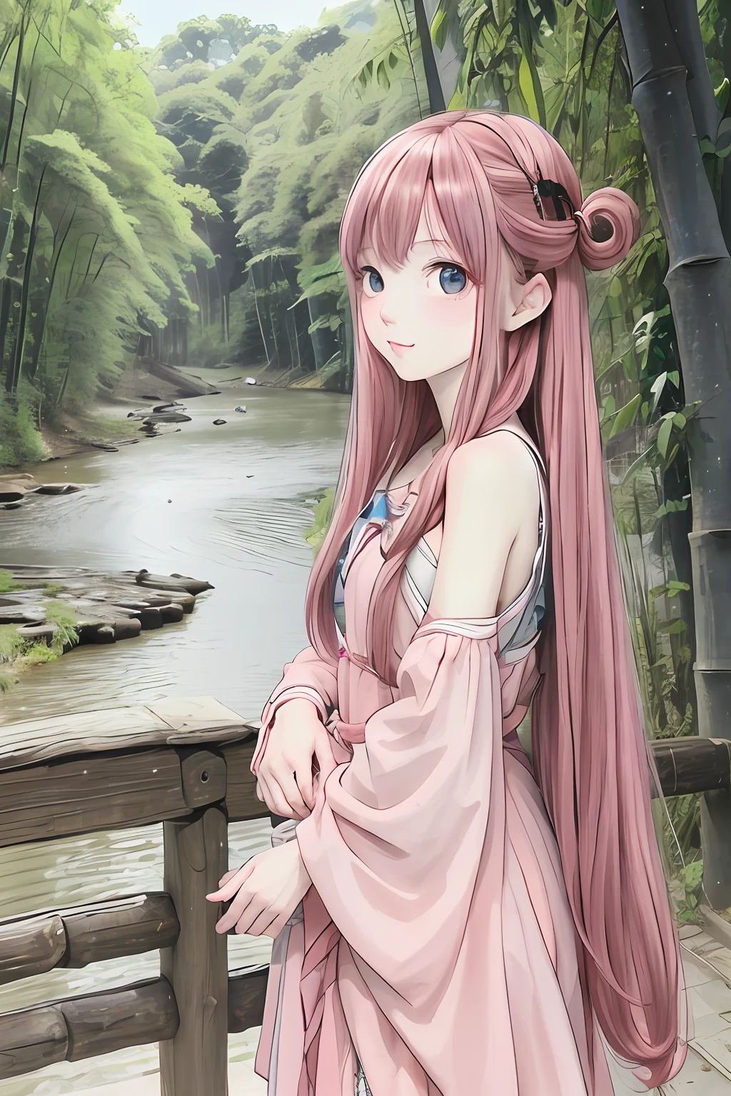 masterpiece, best quality, official art, 8k wallpaper, highly detailed, illustration, 1 girl, pink hair, long hair, detailed eyes, forrest, shoulders, lakes, pure, soft smile, bamboo