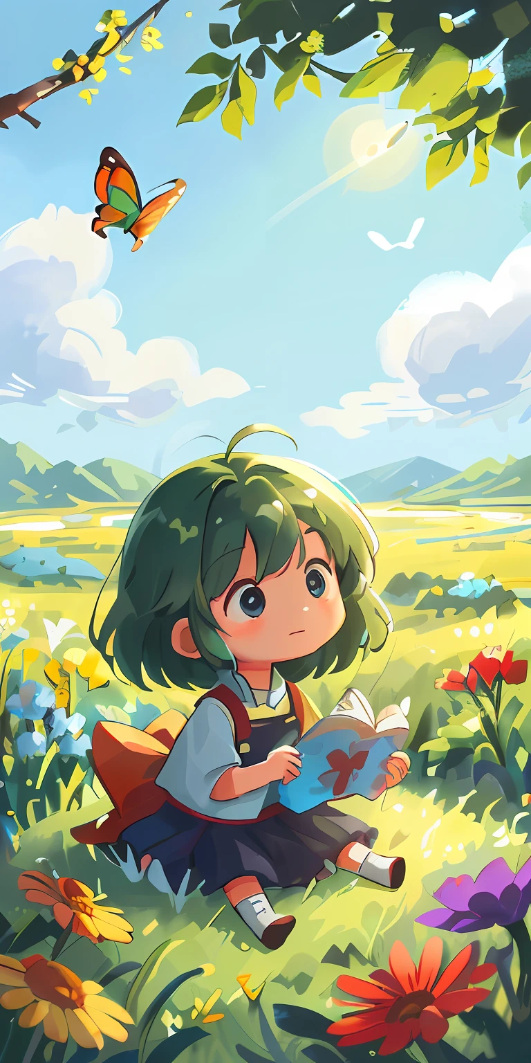 High Detail, Ultra Detail, Ultra High Resolution A cute and innocent girl, toddlerenjoying her time in the open field, surrounded by the beauty of nature, blue sky, warm sun sprinkling on her, wildflowers gently swaying in the breeze. Butterflies and birds flutter around her, adding to the playful atmosphere , --v6