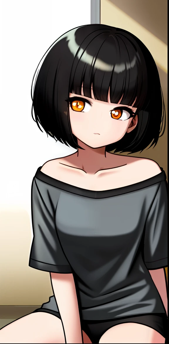 a black-haired girl with a short haircut and orange eyes, half-naked, sitting on a white bed, straightening her hair with her hand, tucking her legs under her, a black T-shirt,