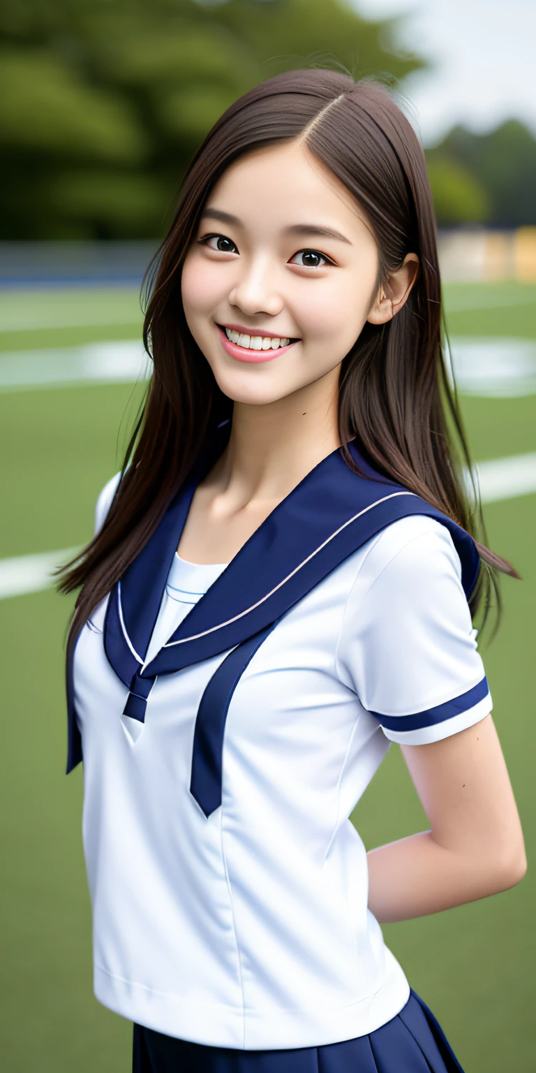 neat college girl, petite, sailor suit, school uniform, outside the athletic field, (slim, small, flat, small), photorealistic, detail, skin texture, ultra detail, delicate and sexy collarbone, smile, super detailed face, detailed lips, detailed eyes, double eyelids