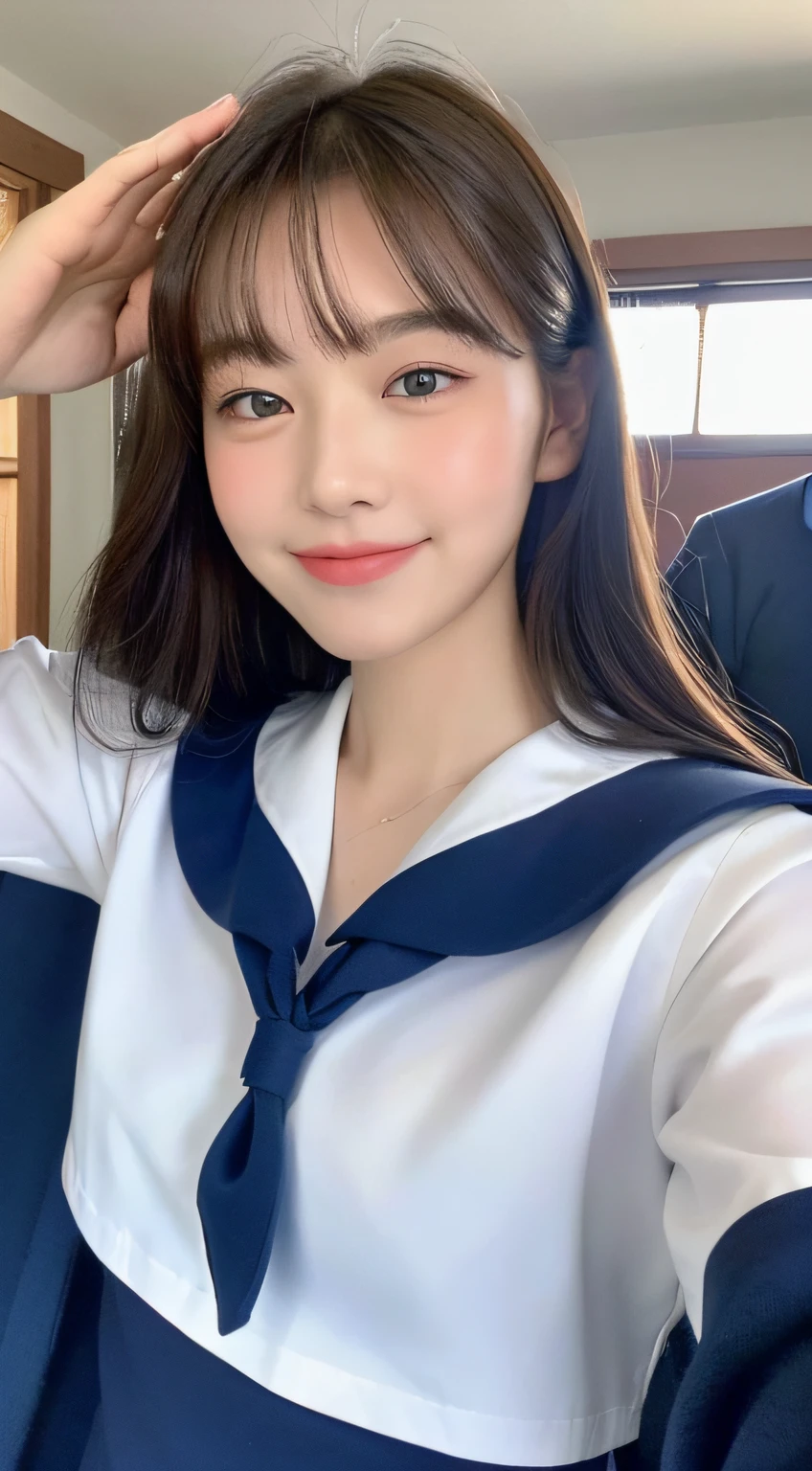 ((top quality, 8k, masterpiece: 1.3)), 1 girl, beautiful woman with plump abs: 1.3, full body, (long hair, big: 1.2), sailor suit: 1.2, super delicate face, delicate eyes, double eyelids, smile, home, random color clothes