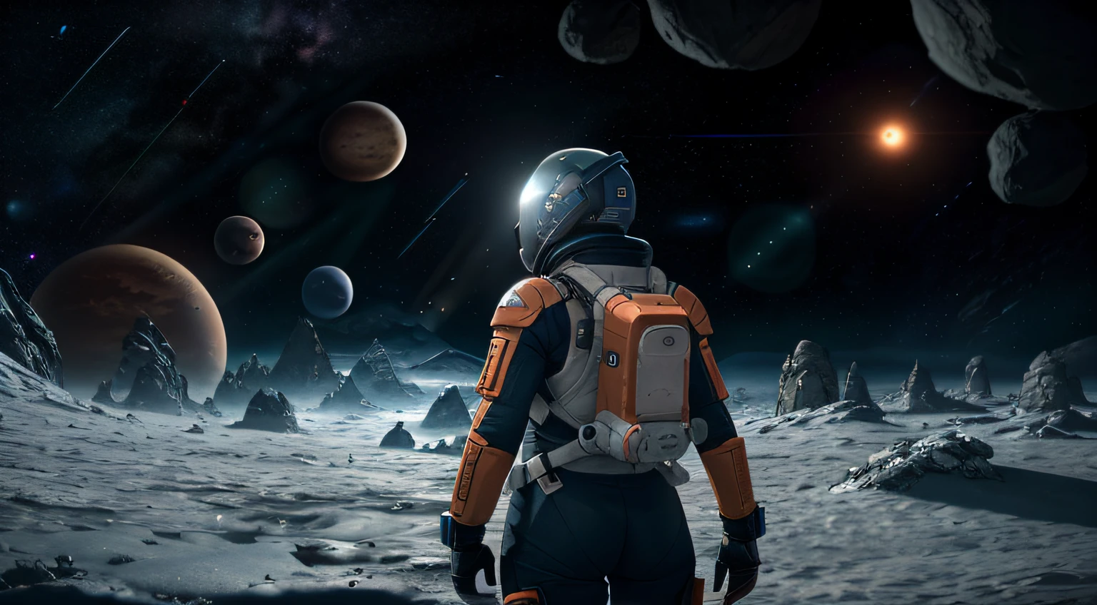 rear angle, Highly detailed RAW color Photo, Rear Angle, Full Body, of (female space soldier, wearing orange and white space suit, helmet, tined face shield, rebreather, accentuated booty), outdoors, (looking up at advanced alien structure, on alien planet), toned body, big butt, (sci-fi), (mountains:1.1), (lush green vegetation), (two moons in sky:0.8), (highly detailed, hyperdetailed, intricate), ((DAY TIME)), (lens flare:0.7), (bloom:0.7), particle effects, raytracing, cinematic lighting, shallow depth of field, photographed on a Sony a9 II, 50mm wide angle lens, sharp focus, cinematic film still from Gravity 2013, from behind