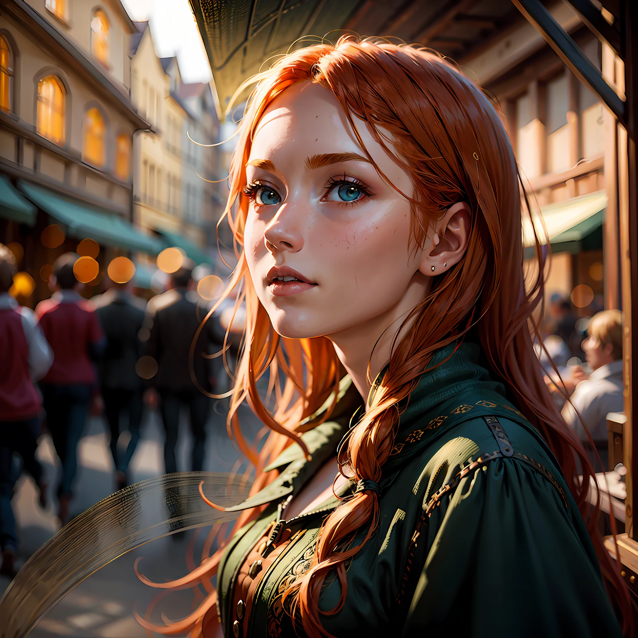 Photorealistic photo of young ginger woman wondering in old market i Tailand, soft smile, art by midjorney, luminism, ultimate intricate shadow - light contrast, IPA award wining masterpiece, artistic lens, warm colors, art by Tim Burton