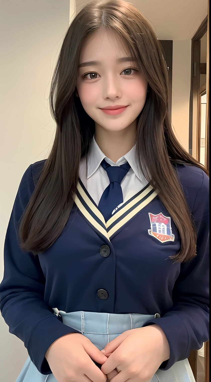 ((Top Quality, 8k, Masterpiece: 1.3)), 1 girl, Beautiful woman with plump abs: 1.3, Full body, (Long hair, Big: 1.2), High School Girl Uniform: 1.2, Super Delicate Face, Delicate Eyes, Double Eyelids, Smile, Home, Random Color Clothes