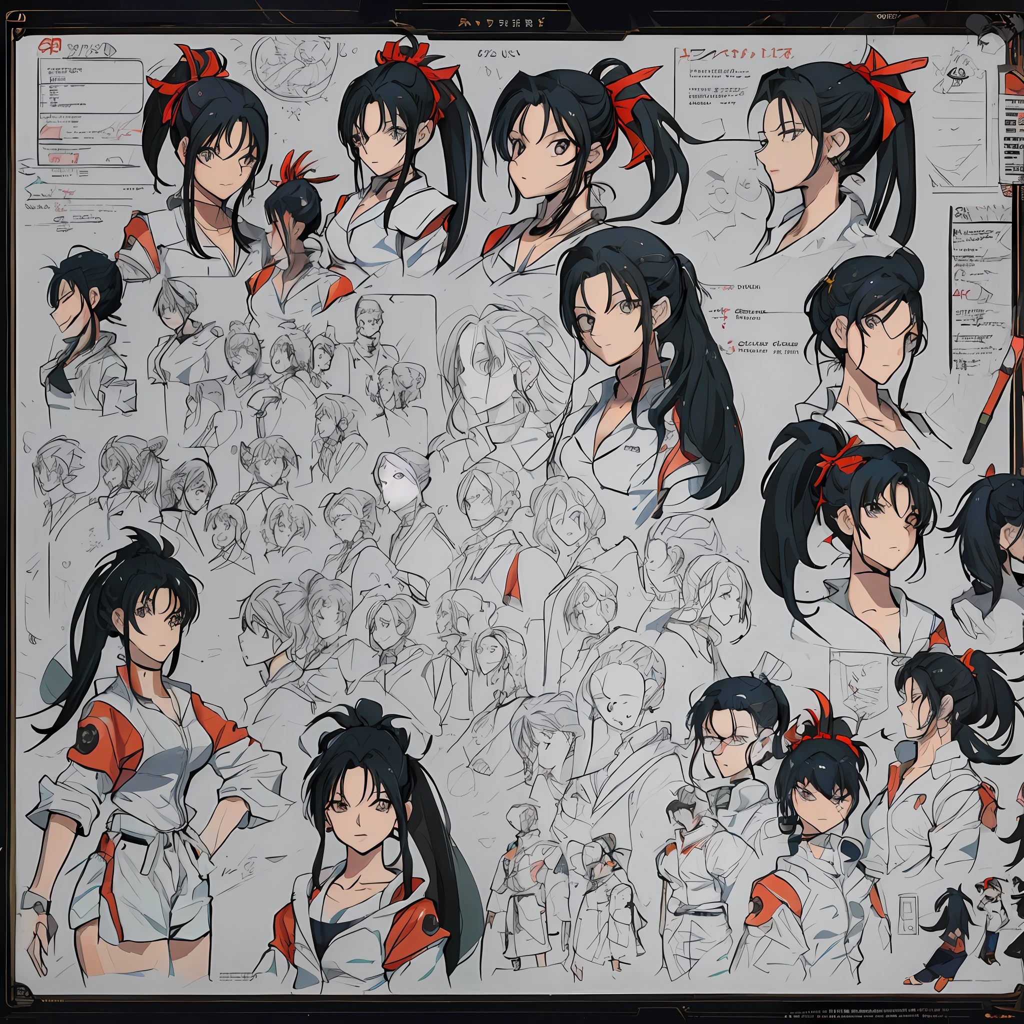 (Masterpiece), (Best Quality), (Super Detail),(Illustration), Character Sheet, Female, Black Hair, Ponytail Hair, by Yoshihiro Togashi