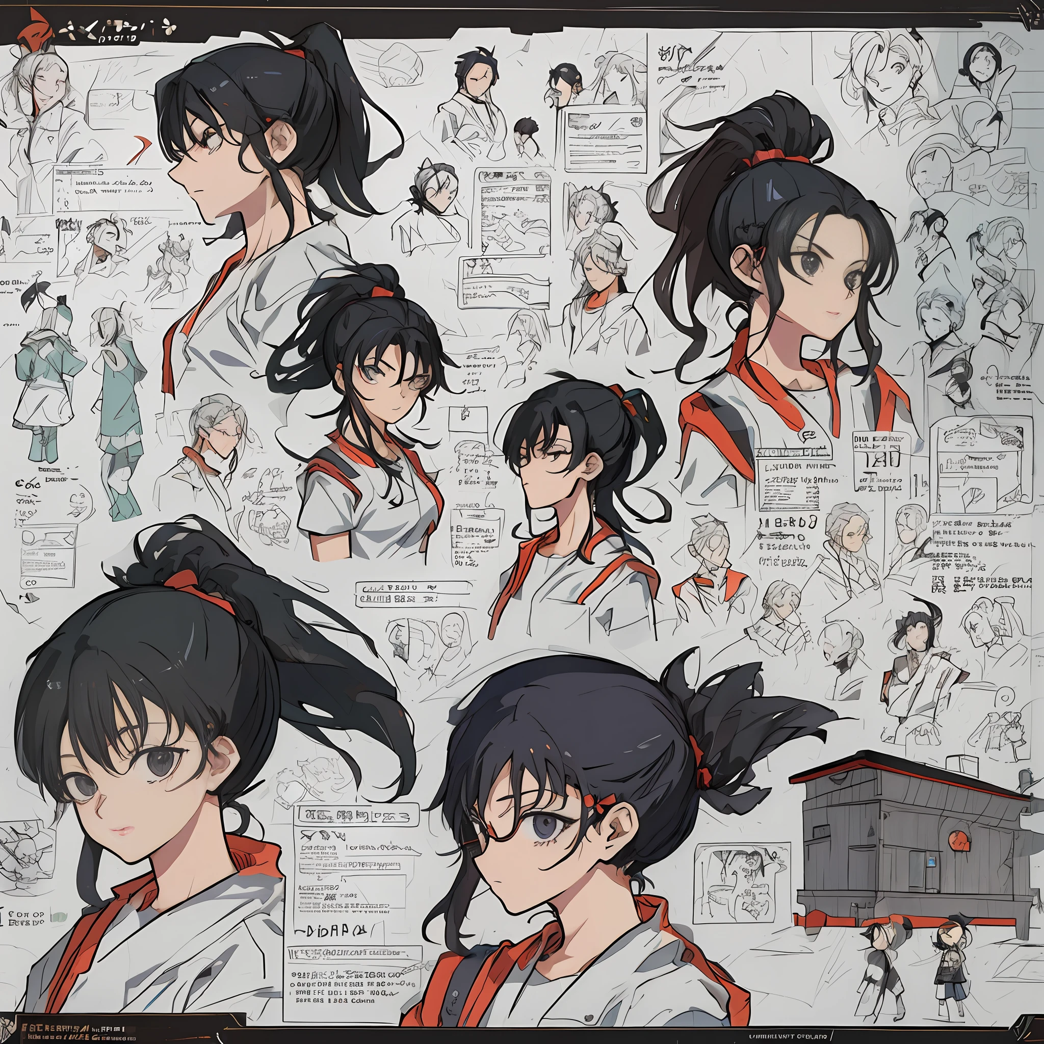 (Masterpiece), (Best Quality), (Super Detail),(Illustration), Character Sheet, Female, Black Hair, Ponytail Hair, by Yoshihiro Togashi