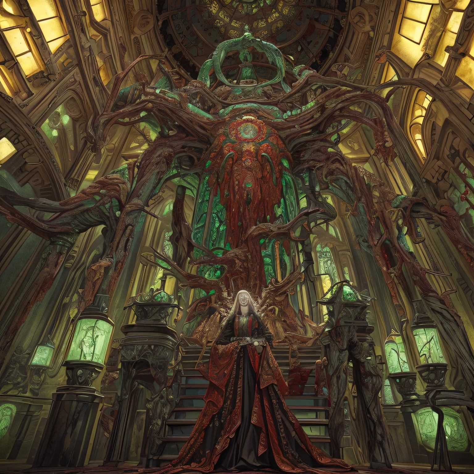 (masterpiece, best quality: 1.2), ultra detailed, highest detail, (body horror: 1.4), (biomachine: 1.3), (bloody: 1.2), living being, (colorful: 1.2), satanic, (machine: 1.3), Hans Giger, many hands, (zentangle: 1.2), green color scheme