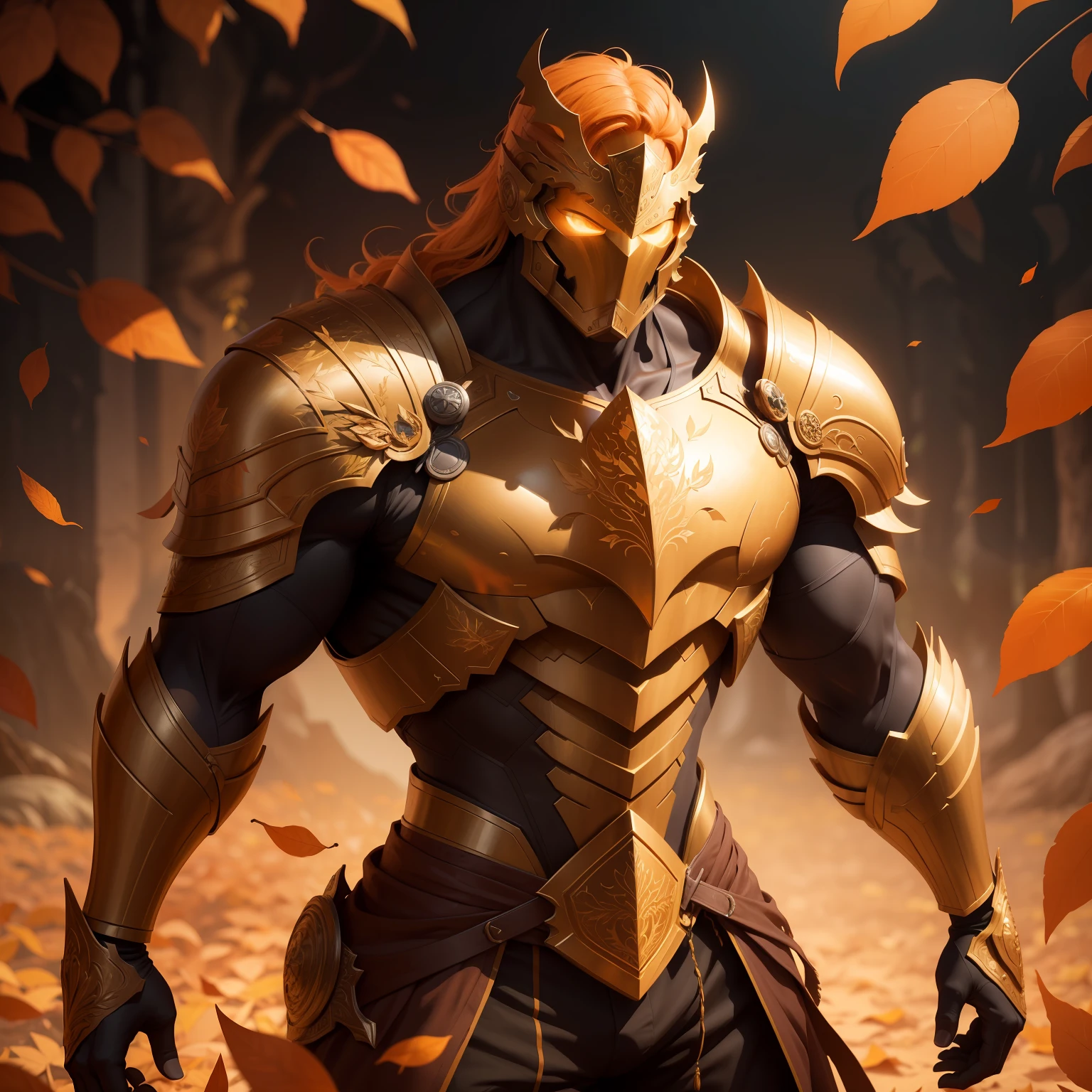 Very powerful man with organic armor made of orange leaves. Dynamic pose, ultra detailed, 8K, 4K, high resolution, perfectly drawn, extremely detailed, animated pose, cinematic light, cinematic shadow, perfectly drawn hands, detailed face, detailed background, rich background image of details.