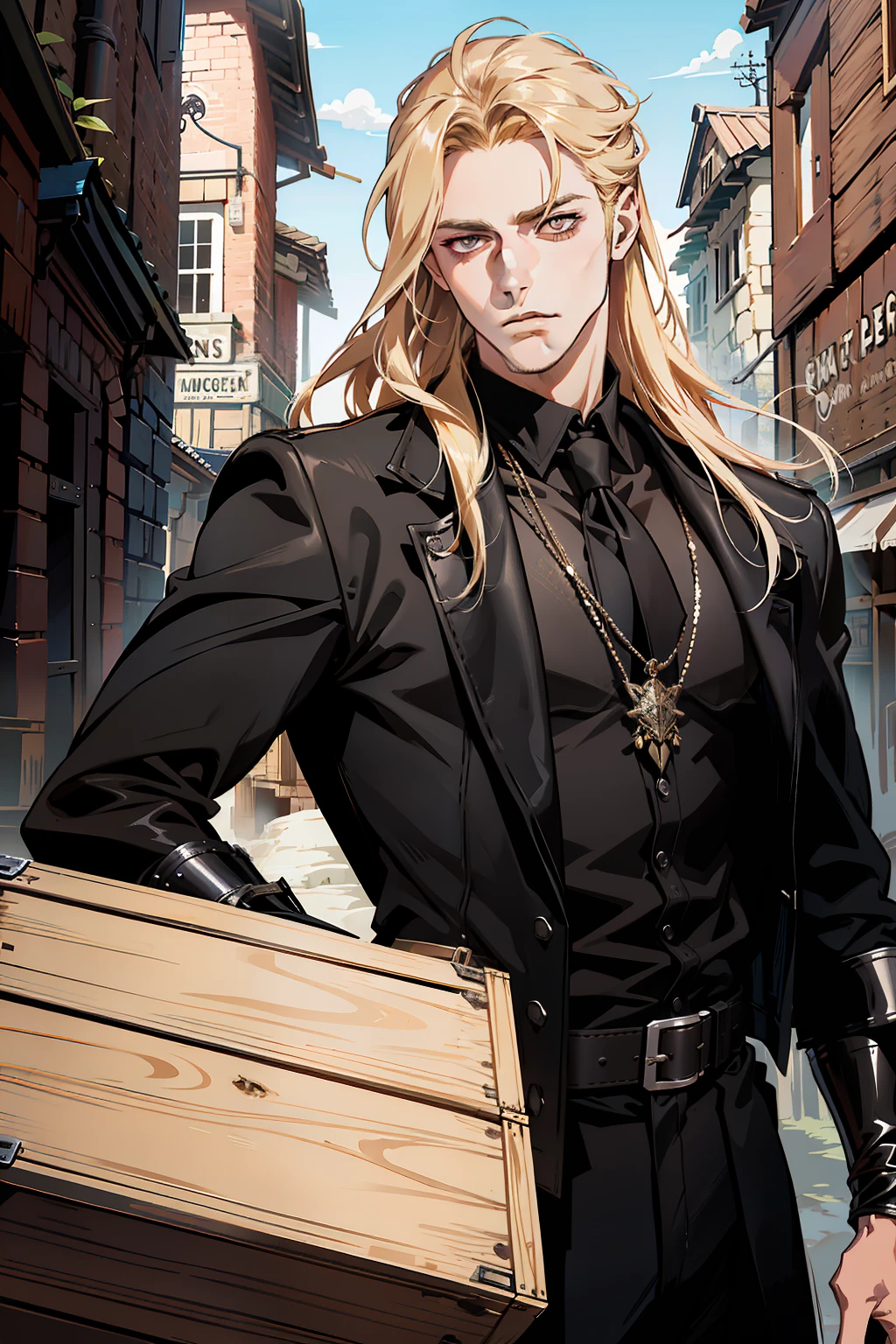 (absurd res, high res, ultra detailed), 1 male, adult, handsome, tall muscular guy, broad shoulders, blonde hair, very long hair, vampire, finely detailed eyes, portrait, looking at viewer, solo, half shot, detailed background, detailed face, (gorhic), smirk, renegade, rugged dark leather clothes, small leather pouch, high fantasy medieval setting, smuggler hideout background, stealth, undercover, (crates in background), shadows, fog, (dutch angle), closed mouth