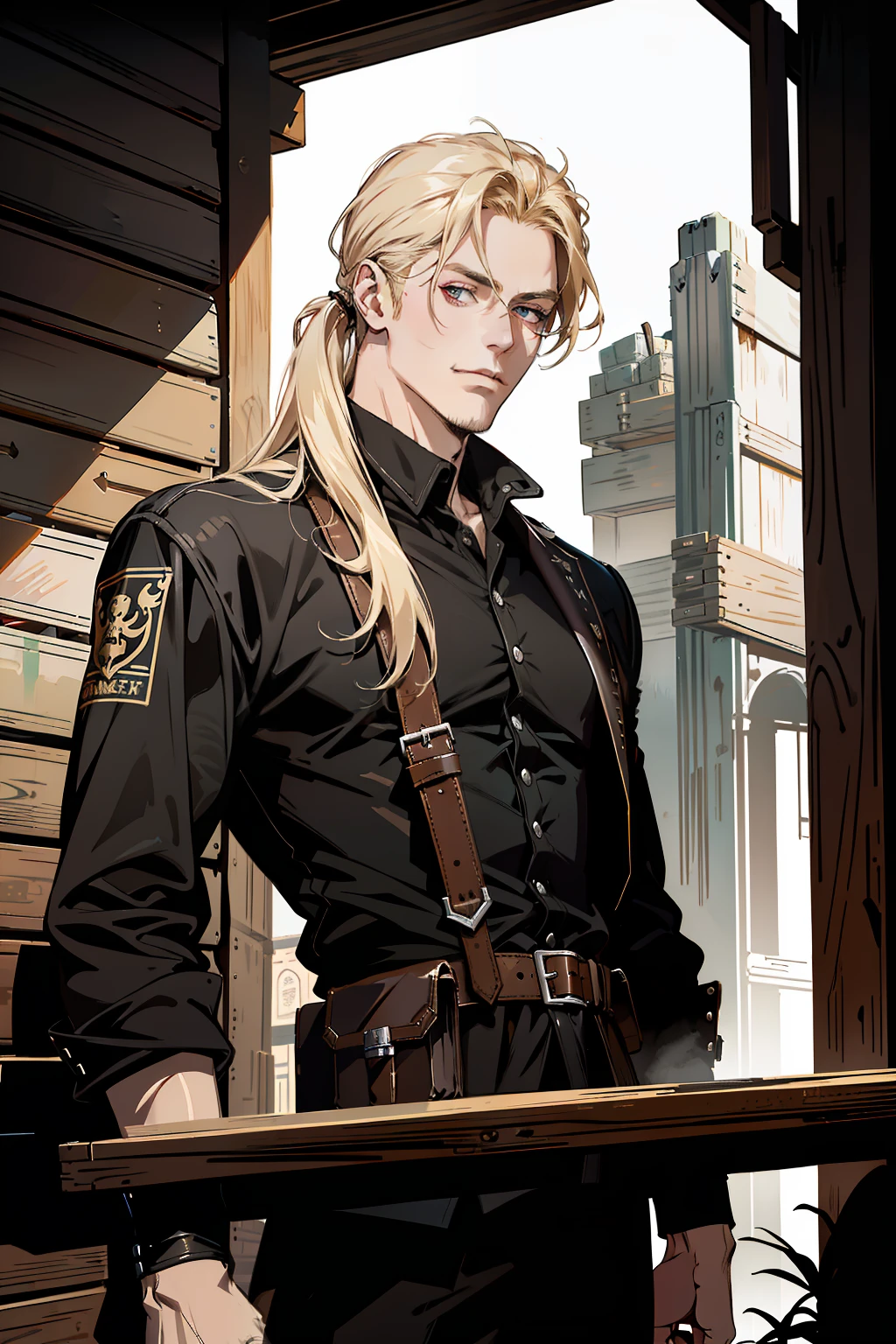 (absurd res, high res, ultra detailed), 1 male, adult, handsome, tall muscular guy, broad shoulders, blonde hair, very long hair, vampire, finely detailed eyes, portrait, looking at viewer, solo, half shot, detailed background, detailed face, (gorhic), smirk, renegade, rugged dark leather clothes, small leather pouch, high fantasy medieval setting, smuggler hideout background, stealth, undercover, (crates in background), shadows, fog, (dutch angle), closed mouth