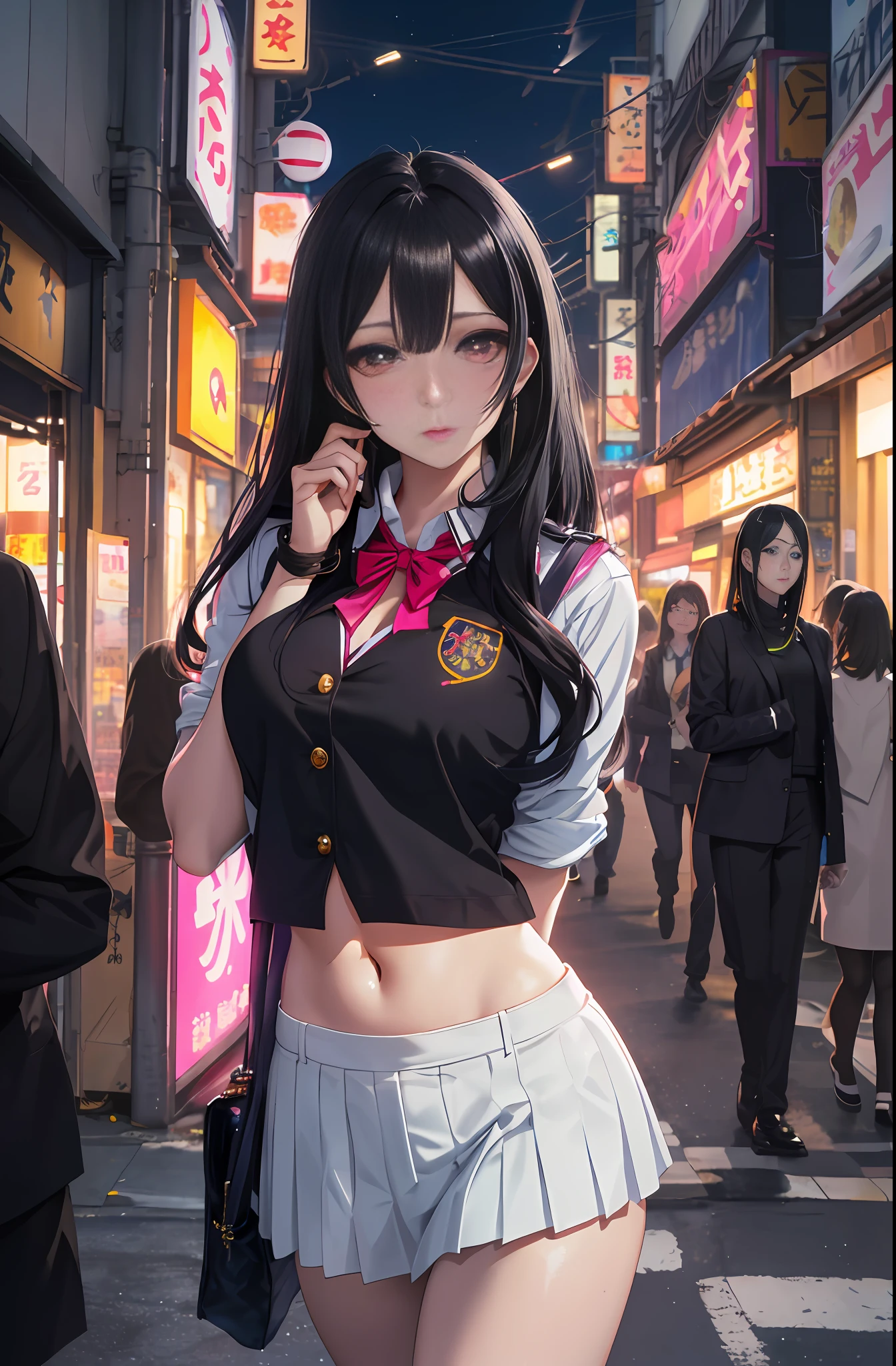 A beautiful woman in gyaru makeup wearing school uniform on the bustling streets of Gintama, surrounded by vendors, beautiful portrait of a stunning goddess girl, beautiful detailed face, porcelain skin, half body shot, centered,(black hair,navel:1.4),((moonlight,night,big neons,strong neon lighting,rim lighting,two tone lighting))),