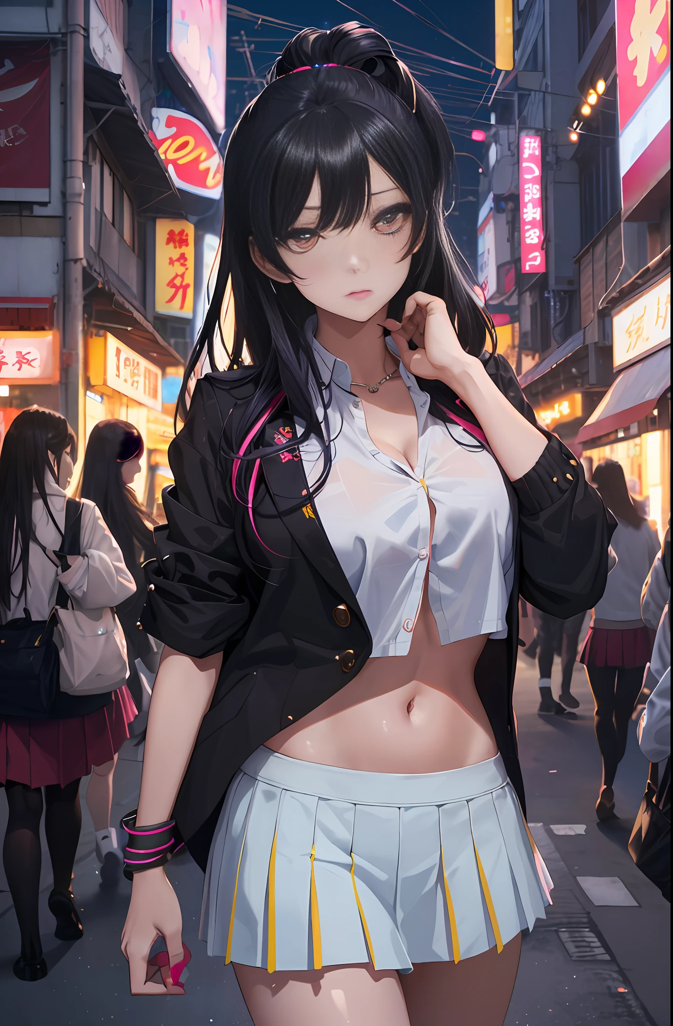 A beautiful woman in gyaru makeup wearing school uniform on the bustling streets of Gintama, surrounded by vendors, beautiful portrait of a stunning goddess girl, beautiful detailed face, porcelain skin, half body shot, centered,(black hair,navel:1.4),((moonlight,night,big neons,strong neon lighting,rim lighting,two tone lighting))),