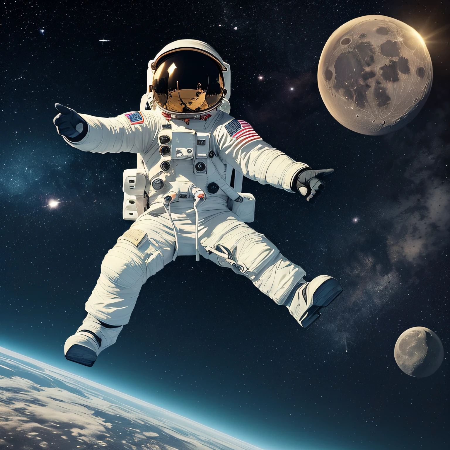 I would like an image of an astronaut in 3d, flying to the moon with dollar signs around him --auto --s2