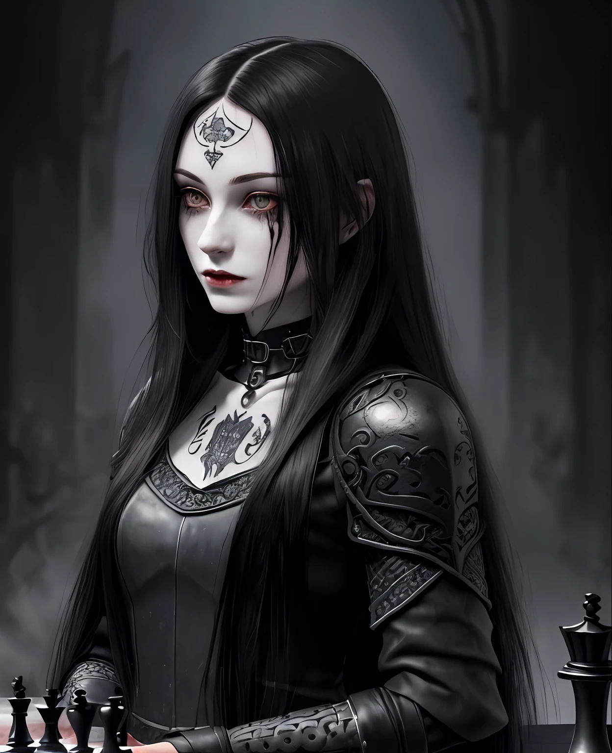 1girl (( (dark tattoos), ( beautiful_detailed_hair, long black hair), teen, (pale skin) )), horror theme, (slave collar), (foggy, darkness), realistic, (helmet), ((hand with five fingers:0.6)), (heavy armor), (battle, war), (blood and gore), (chess set, queen piece, king piece, knight piece)