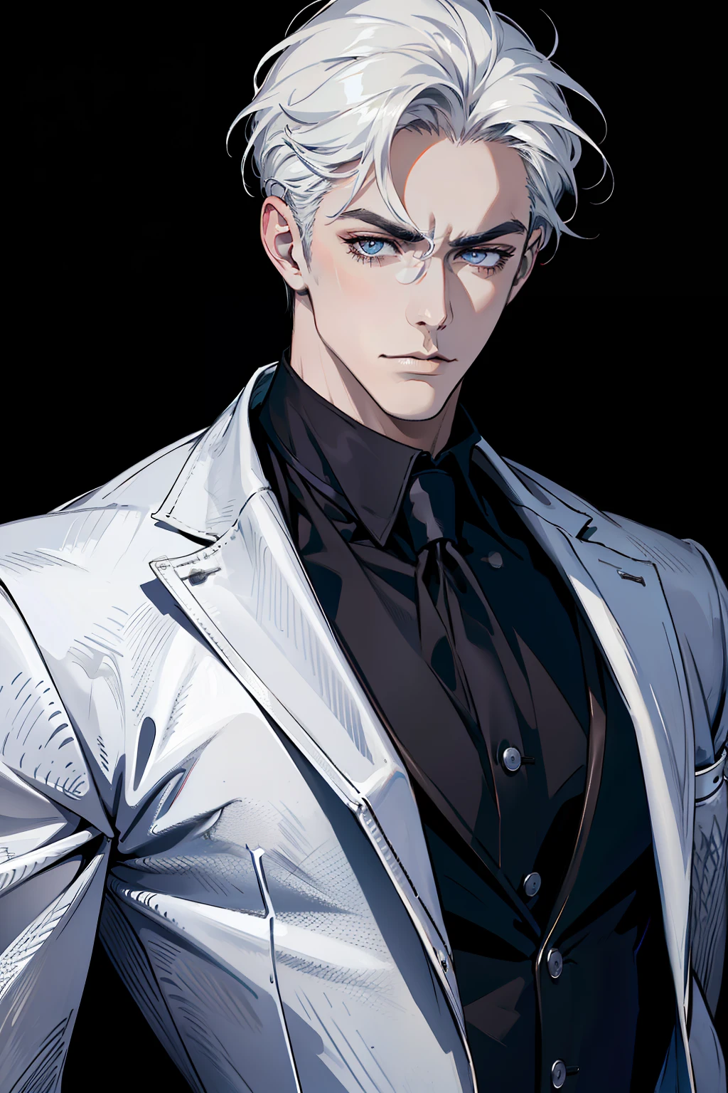 (masterpiece, best quality:1.2), (absurd res, high res, ultra detailed), 1 male, adult, handsome, tall muscular guy, broad shoulders, white hair, finely detailed eyes, portrait, looking at viewer, solo, half shot, detailed background, detailed face, (gothic), smirk, vampire, dark leather, high fantasy,, stealth, undercover, (crates in background), shadows, fog, (dutch angle), closed mouth,