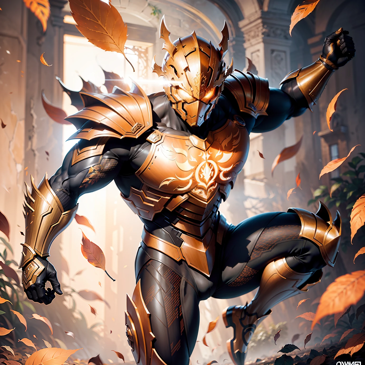 Very powerful man jumping with organic armor made of orange leaves. Dynamic pose, ultra detailed, 8K, 4K, high resolution, perfectly drawn, extremely detailed, animated pose, cinematic light, cinematic shadow, perfectly drawn hands, detailed face, detailed background, rich background image of details.