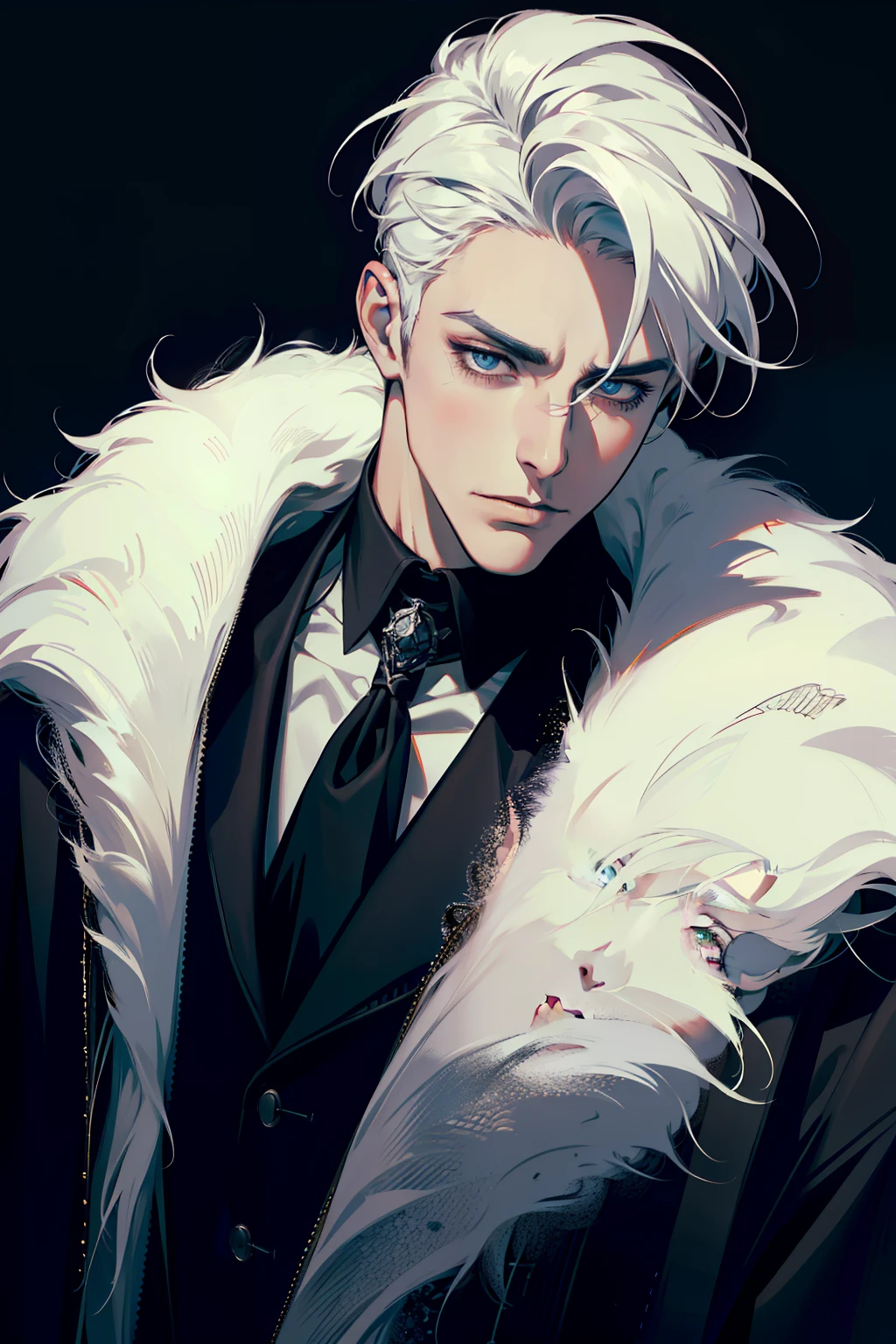 (masterpiece, best quality:1.2), (absurd res, high res, ultra detailed), 1 male, adult, handsome, tall muscular guy, broad shoulders, white hair, finely detailed eyes, portrait, looking at viewer, solo, half shot, detailed background, detailed face, (gothic), smirk, vampire, dark leather, high fantasy,, stealth, undercover, (crates in background), shadows, fog, (dutch angle), closed mouth,