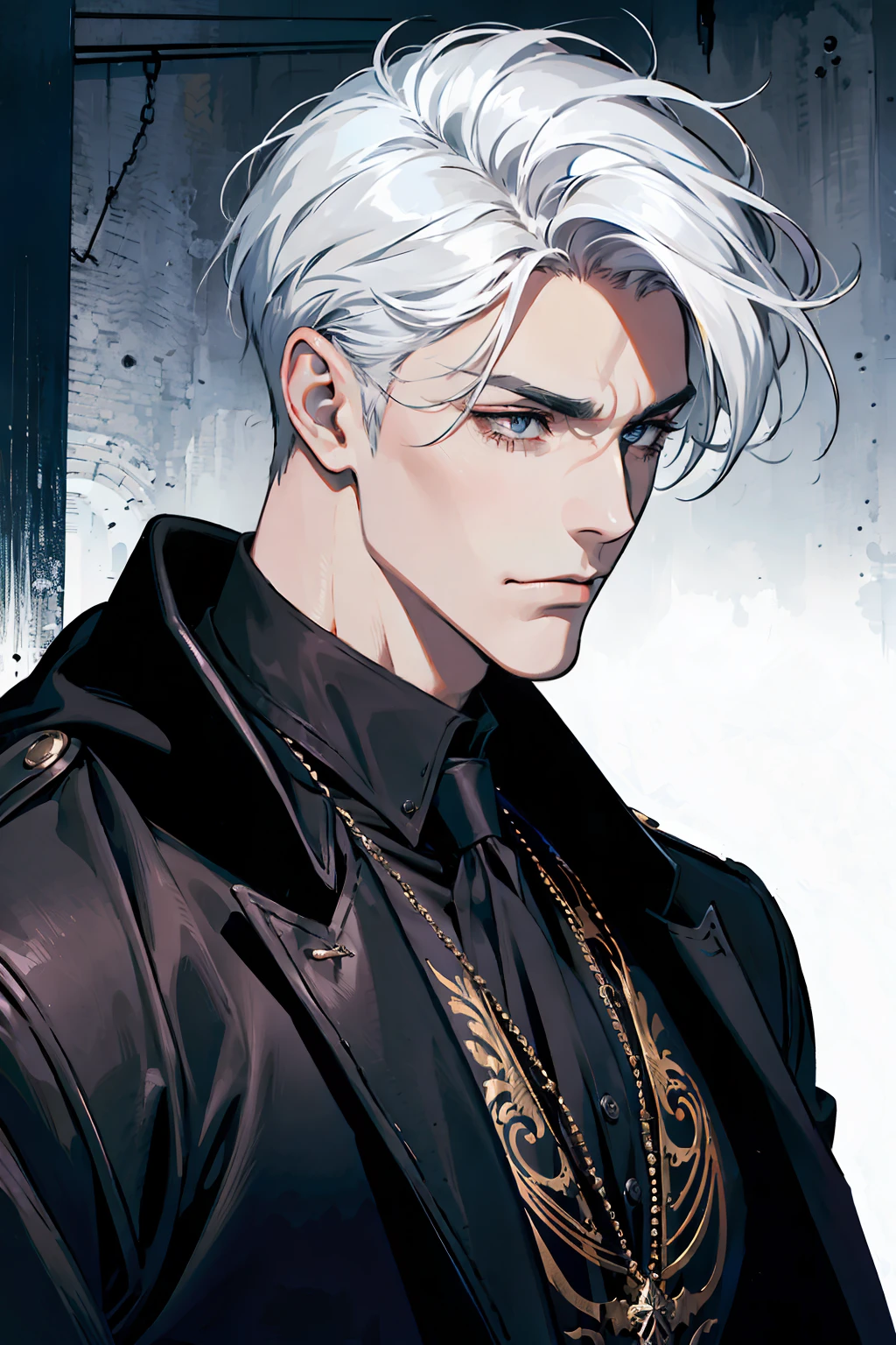 (masterpiece, best quality:1.2), (absurd res, high res, ultra detailed), 1 male, adult, handsome, tall muscular guy, broad shoulders, white hair, finely detailed eyes, portrait, looking at viewer, solo, half shot, detailed background, detailed face, (gothic), smirk, vampire, dark leather, high fantasy,, stealth, undercover, (crates in background), shadows, fog, (dutch angle), closed mouth,