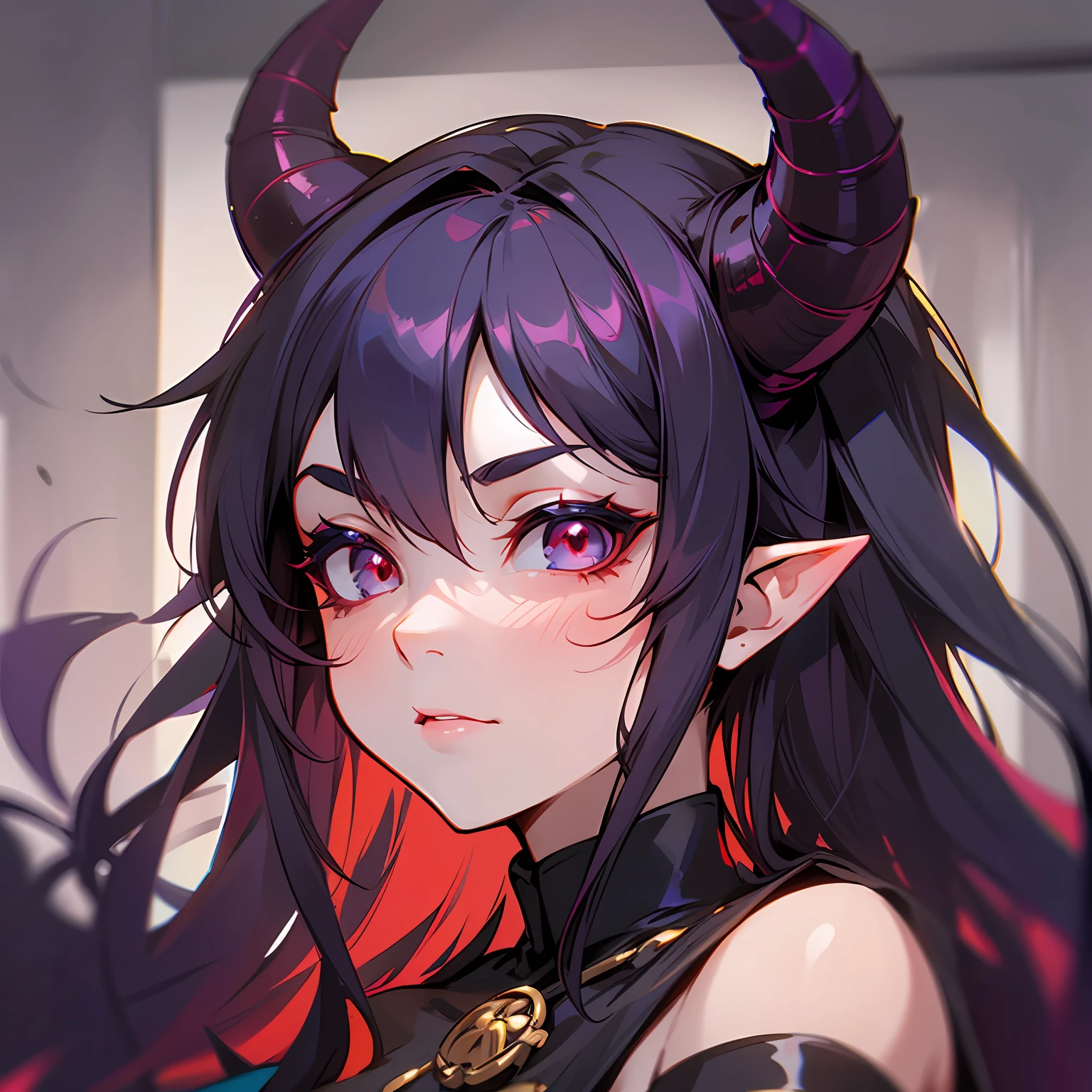 A closeup of a cartoon of a woman with horns on her head, tiefling, with horns, design of girl lush horns, tiefling of d d d, mara demon, dnd portrait of a tiefling, cute horns, demon girl, female tiefling sorceress, giesha demon, anime image, demonic horns, oni horns, long hair, black hair --auto --s2
