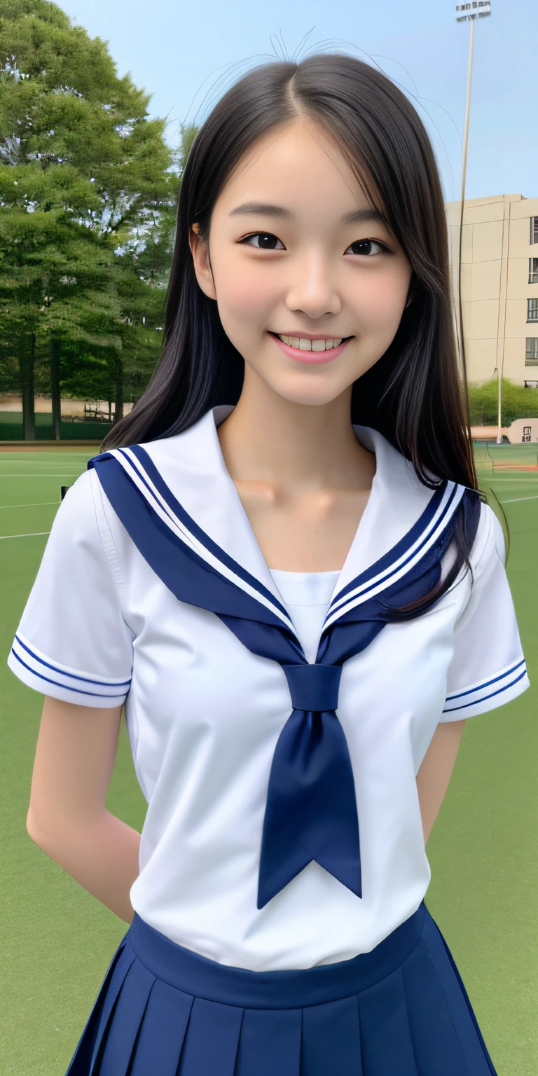 neat college girl, petite, sailor suit, school uniform, outside the athletic field, (slim, small, flat, small), photorealistic, detail, skin texture, ultra detail, delicate and sexy collarbone, smile, super detailed face, detailed lips, detailed eyes, double eyelids