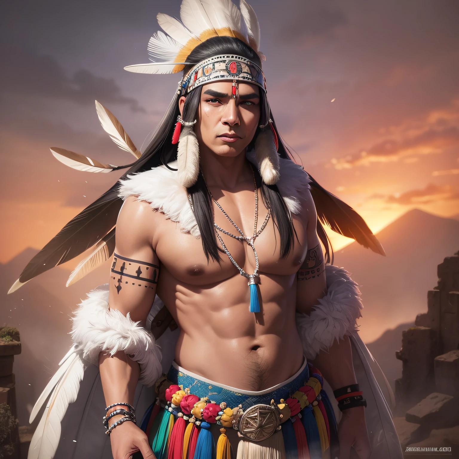 Black Indian smoking white feather pipe, shaman, fat. Background: cinematic indigenous village, extreme realistic sunset, decaying background, light particles, maximum focus, realistic body, realistic face, professional lighting, octane render, beautiful features, beautifully detailed clothes, unlimited light, magnificent, detailed skin texture, extreme details, cinematic lighting, (masterpiece), (ultra detailed), (Ultra-HD), sharp focus --auto --s2