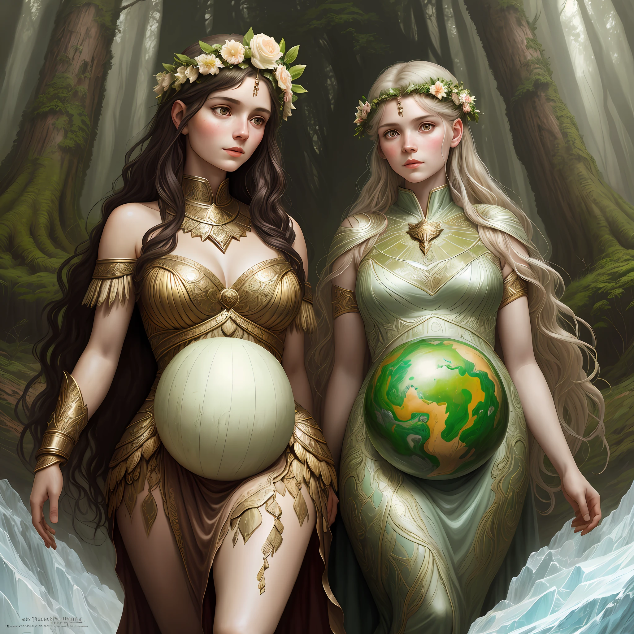 a Greek goddess pregnant with the earth, the planet earth as her belly, covered in a forest texture, Dynamic manga oil painting, an English ice-skating girl Highly detailed Paiting by Gaston Bussiere HD by Jenny Saville and by Hope Gangloff maximalist mannerism, surrealism" by Daniel Merriam, Nikolina Petolas, Peter Gric, Dariusz Klimczak, intricately detailed sharp focus