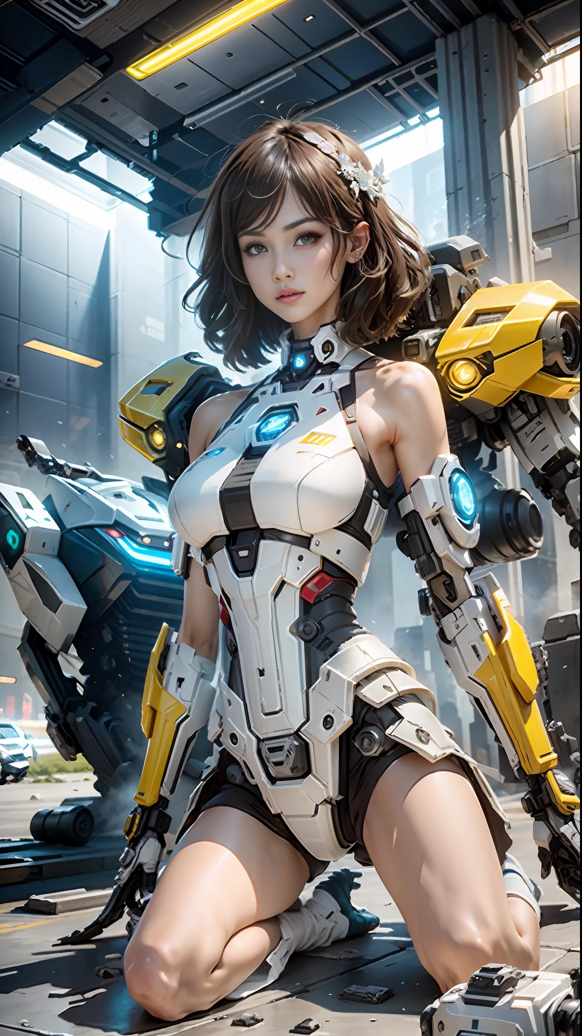 ((Best Quality)), ((Masterpiece)), (Very Detailed:1.3), 3D, Shitu-mecha, Beautiful cyberpunk woman with her mech in the ruins of a city in the forgotten war, ancient technology, HDR (High Dynamic Range), ray tracing, NVIDIA RTX, Super Resolution, Unreal 5, Subsurface scattering, PBR texture, Post processing, Anisotropic filtering, Depth of field, Maximum sharpness and sharpness, Multilayer texture, Albedo and highlight maps, Surface shading, Accurate simulation of light-material interactions, perfect proportions, octane rendering, duotone lighting, low ISO, white balance, rule of thirds, wide aperture, 8K RAW, efficient sub-pixels, subpixel convolution, luminescent particles, light scattering, tyndall effect, collarbone, bare shoulders, sitting, lying down, lying down, fighting stance,