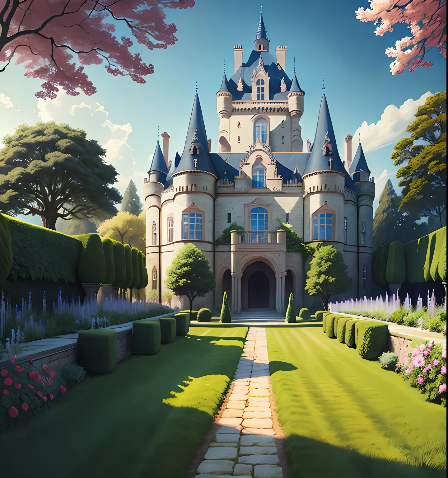 nature, detailed lighting,castle with a garden in the center, blue sky,no cloud, beautiful trees with fruits, animals in the garden, realistic anthill,