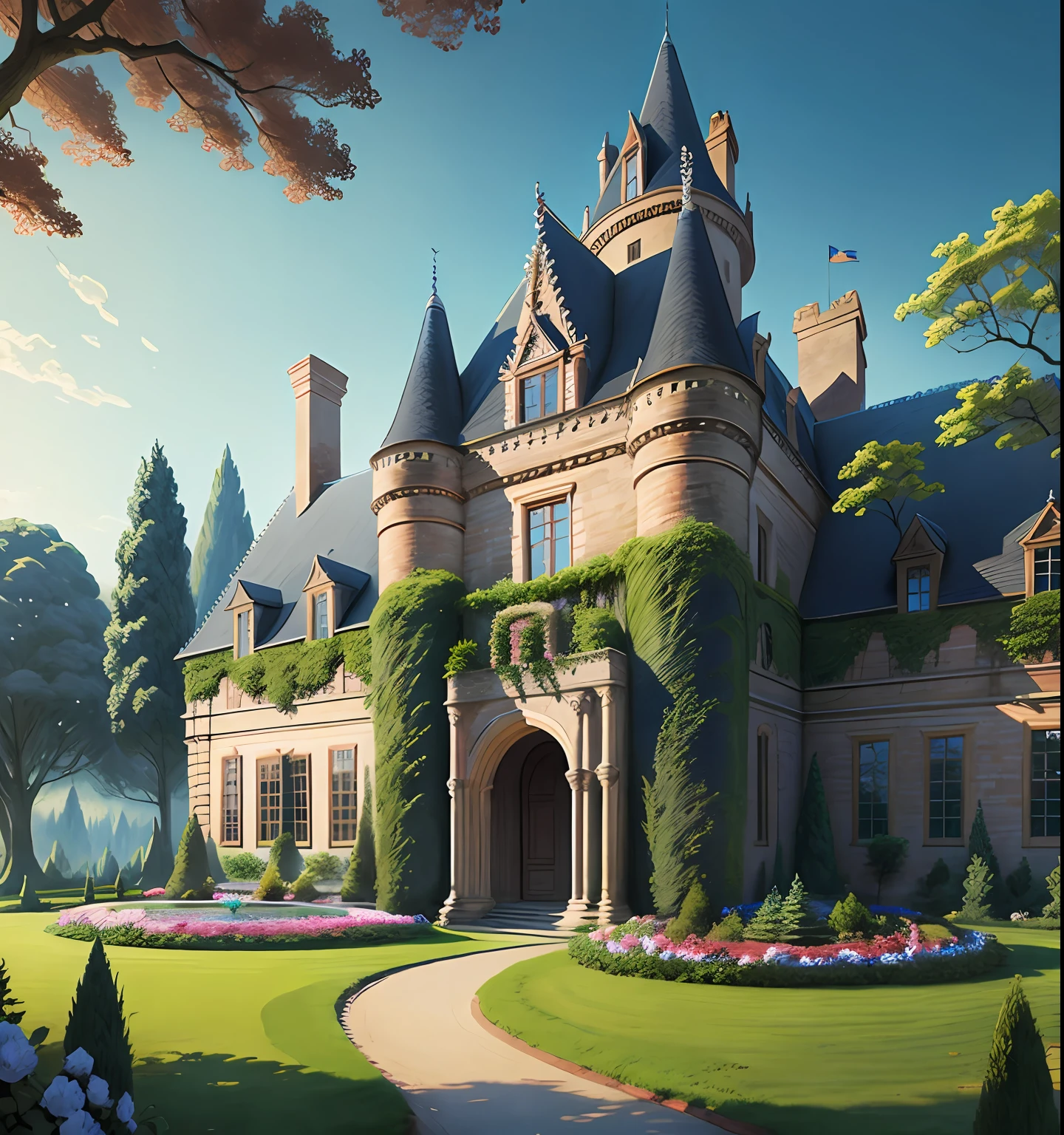 nature, detailed lighting,castle with a garden in the center, blue sky,no cloud, beautiful trees with fruits, animals in the garden, realistic anthill,