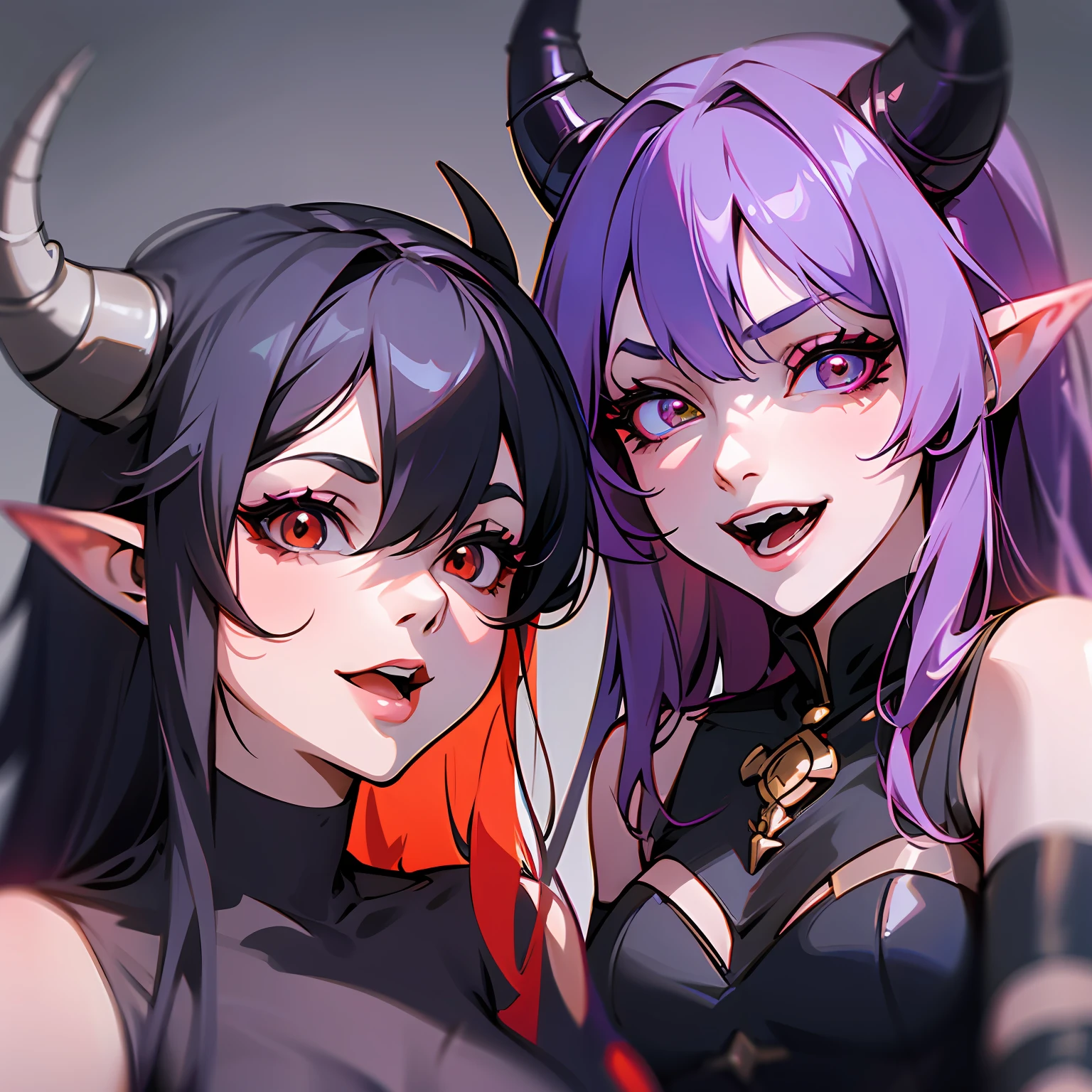 A closeup of a cartoon of a woman with horns on her head, tiefling, with horns, design of girl lush horns, tiefling of d d d, demon mara, dnd portrait of a tiefling, cute horns, demon girl, female tiefling sorceress, demon giesha, anime image, demonic horns, oni horns, long hair, black hair, sadistic laughing --auto --s2