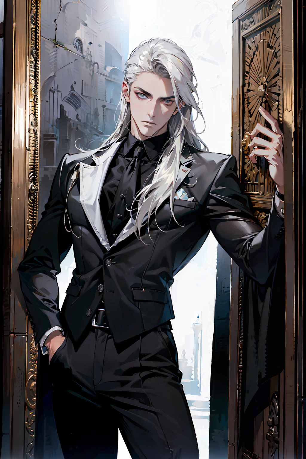 (masterpiece, best quality:1.2), (absurd res, high res, ultra detailed), 1 male, adult, handsome, tall muscular guy, broad shoulders, white long hair, finely detailed eyes, portrait, looking at viewer, solo, half shot, detailed background, detailed face, (gothic), smirk, vampire, dark leather, high fantasy,, stealth, undercover, (crates in background), shadows, fog, (dutch angle), closed mouth, black pants