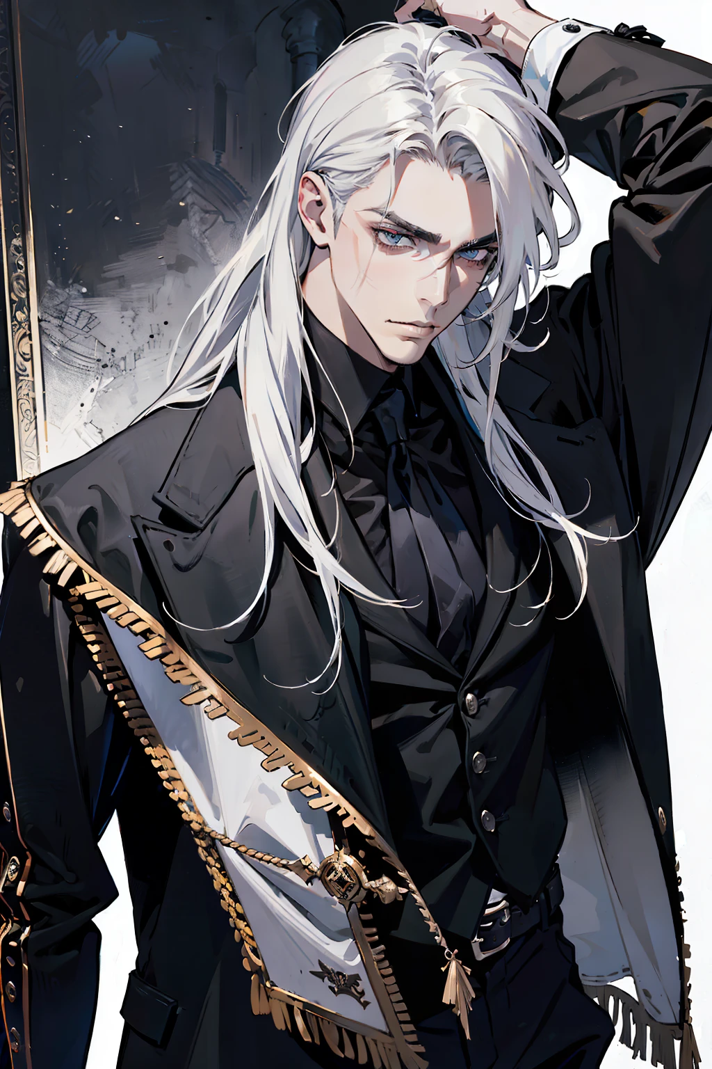 (masterpiece, best quality:1.2), (absurd res, high res, ultra detailed), 1 male, adult, handsome, tall muscular guy, broad shoulders, white long hair, finely detailed eyes, portrait, looking at viewer, solo, half shot, detailed background, detailed face, (gothic), smirk, vampire, dark leather, high fantasy, stealth, undercover, (crates in background), shadows, fog, (dutch angle), closed mouth, black pants