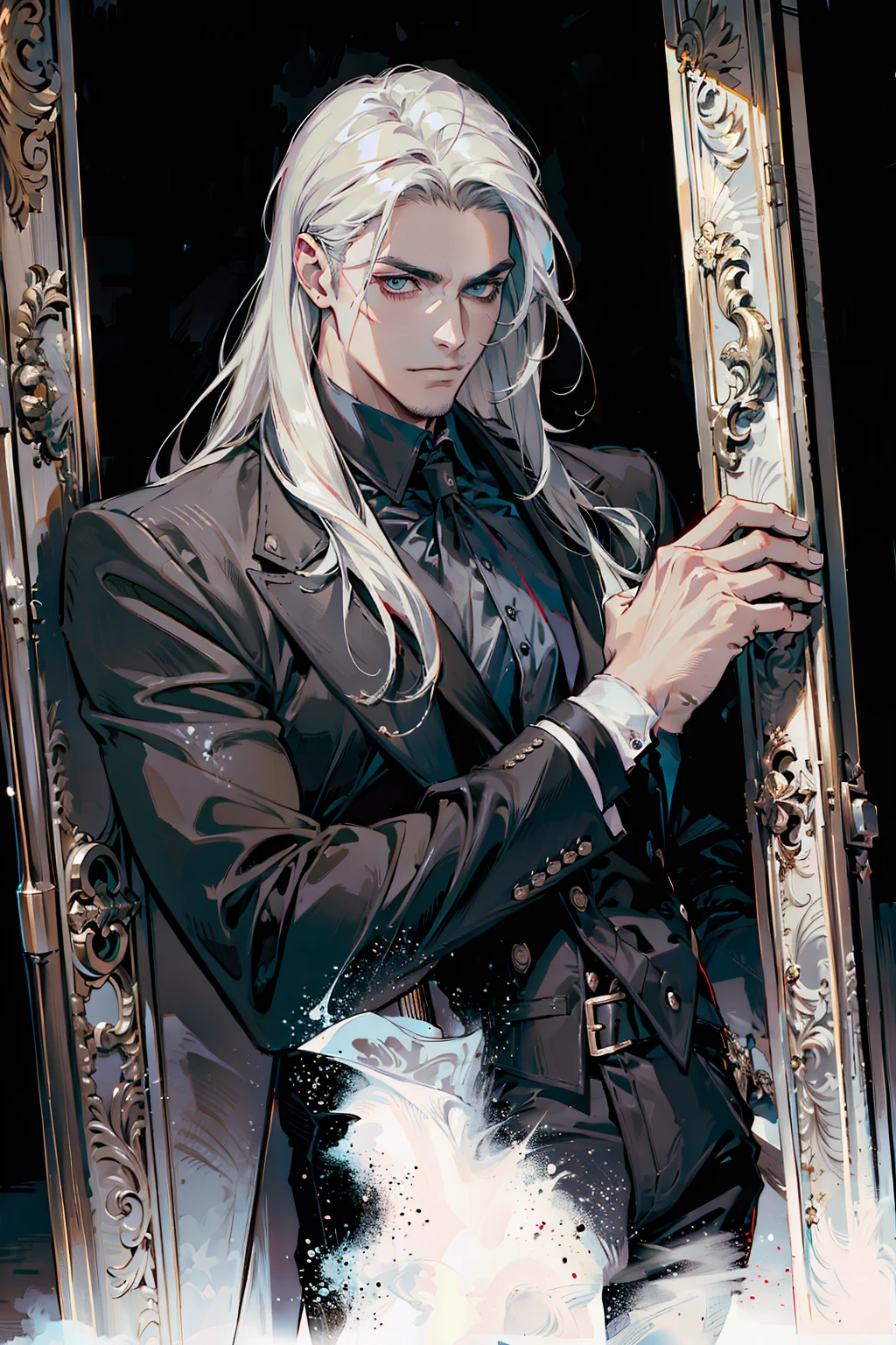(masterpiece, best quality:1.2), (absurd res, high res, ultra detailed), 1 male, adult, handsome, tall muscular guy, broad shoulders, white long hair, finely detailed eyes, portrait, looking at viewer, solo, half shot, detailed background, detailed face, (gothic), smirk, vampire, dark leather, high fantasy,, stealth, undercover, (crates in background), shadows, fog, (dutch angle), closed mouth, black pants
