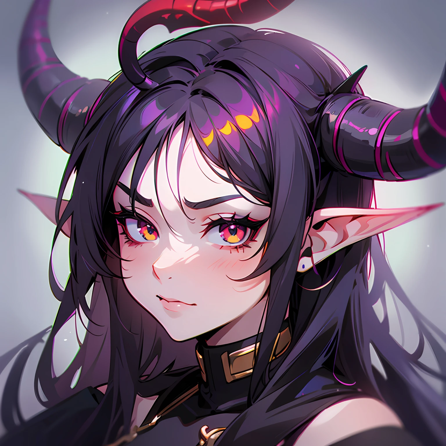 A closeup of a cartoon of a woman with horns on her head, tiefling, with horns, design of girl lush horns, tiefling of d d d, mara demon, dnd portrait of a tiefling, cute horns, demon girl, female tiefling sorceress, giesha demon, anime image, demonic horns, oni horns, long hair, black hair, serious sadistic --auto --s2