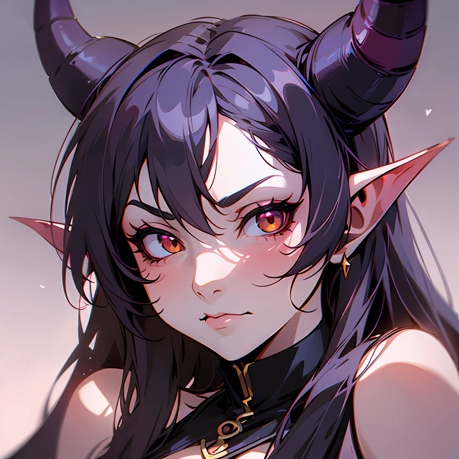 A closeup of a cartoon of a woman with horns on her head, tiefling, with horns, design of girl lush horns, tiefling of d d d, mara demon, dnd portrait of a tiefling, cute horns, demon girl, female tiefling sorceress, giesha demon, anime image, demonic horns, oni horns, long hair, black hair, serious sadistic --auto --s2