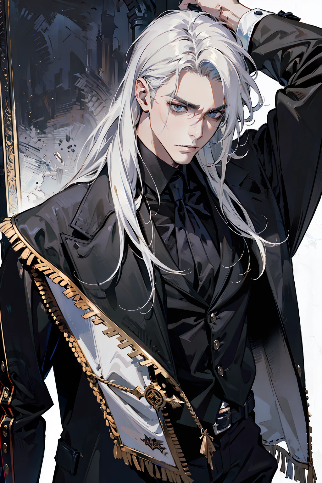 (masterpiece, best quality:1.2), (absurd res, high res, ultra detailed), 1 male, adult, handsome, tall muscular guy, broad shoulders, white long hair, finely detailed eyes, portrait, looking at viewer, solo, half shot, detailed background, detailed face, (gothic), smirk, vampire, dark leather, high fantasy, stealth, undercover, (crates in background), shadows, fog, (dutch angle), closed mouth, black pants