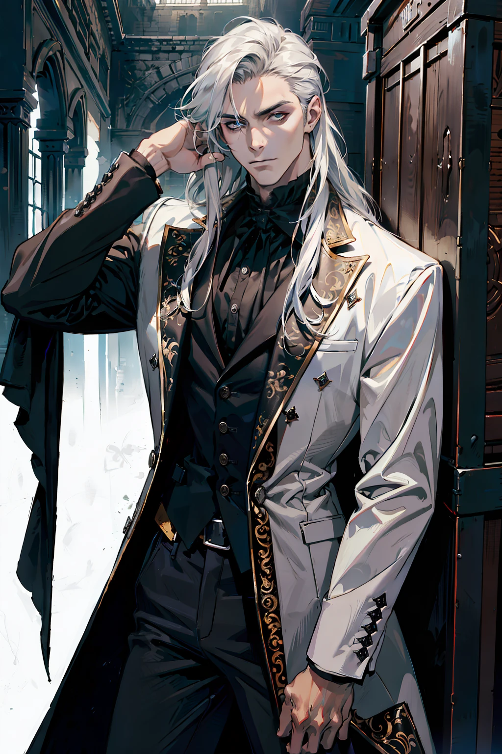 (masterpiece, best quality:1.2), (absurd res, high res, ultra detailed), 1 male, adult, handsome, tall muscular guy, broad shoulders, white long hair, finely detailed eyes, portrait, looking at viewer, solo, half shot, detailed background, detailed face, (gothic), smirk, vampire, dark leather, high fantasy, stealth, undercover, (crates in background), shadows, fog, (dutch angle), closed mouth, black pants