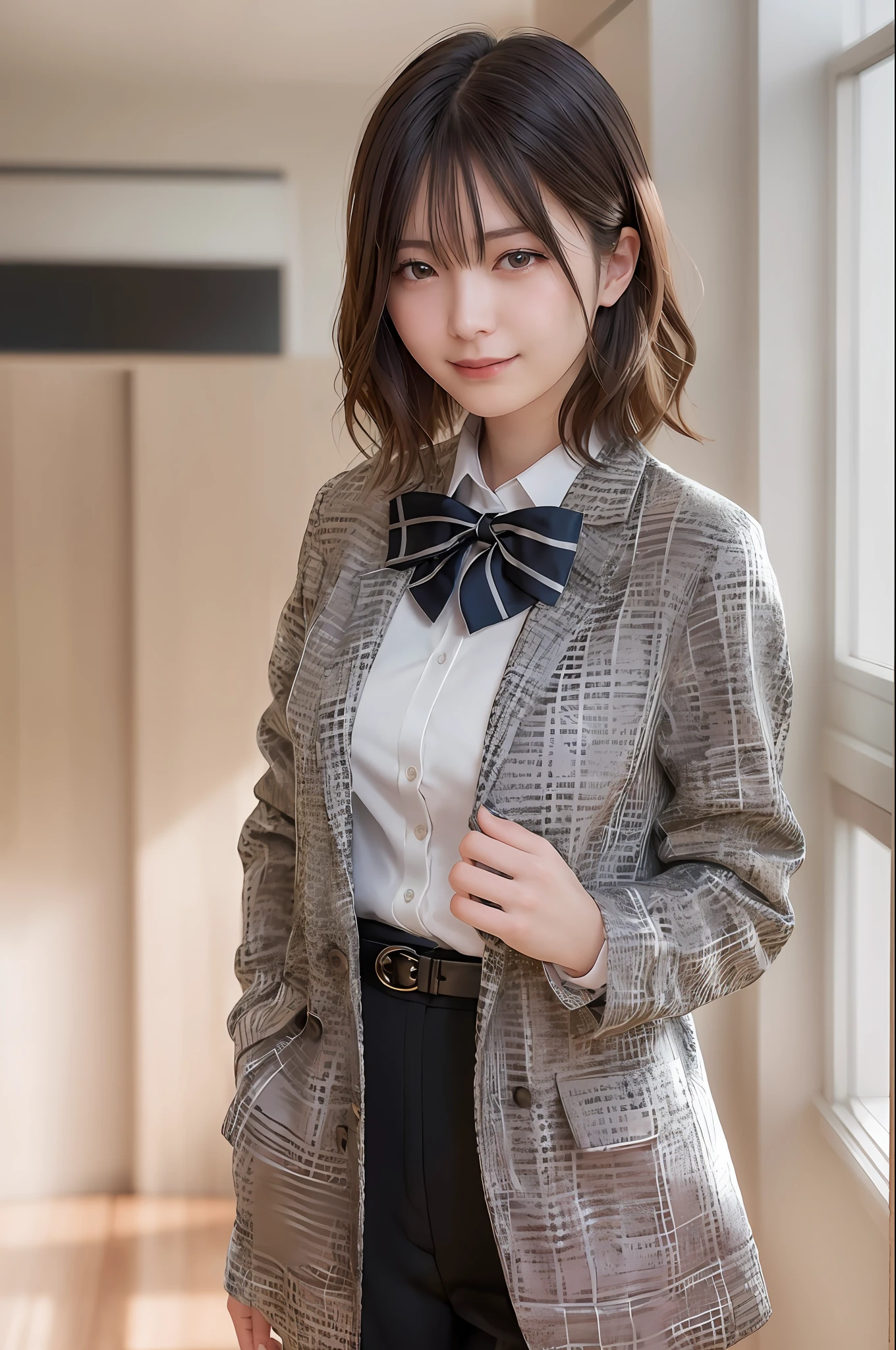 (RAW photos, highest quality), (Realistic, Photorealistic: 1.3), masterpiece, very delicate and beautiful, very elaborate, CG, Unity, 2K wallpapers, wonderful, fine, bright smile, very elaborate CG Unity 8K wallpapers, huge file size, ultra high definition, high resolution, absurdity, soft light, ((Short hair: 1.3), short bang, Silver hair, floating hair novafrog style), beautiful girl in detail, fine fingers, very fine eyes and face, beautiful nose in detail, beautiful eyes in detail, long eyelashes, shining light on face, looking at the viewer, (with mouth closed: 1.2) 1 girl, cute, young, mature face, (full body: 1.3) realistic face, realistic body, slender beautiful thighs, ( ulzzang-6500-v1. 1:0.8) Business suits, cross lace clothes, collared shirts, open clothes, office, open cardigan, black thighs,