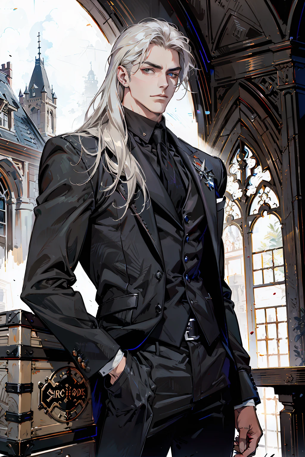 (masterpiece, best quality:1.2), (absurd res, high res, ultra detailed), 1 male, adult, handsome, tall muscular guy, broad shoulders, white long hair, finely detailed eyes, portrait, looking at viewer, solo, half shot, detailed background, detailed face, (gothic), smirk, vampire, dark leather, high fantasy, stealth, undercover, (crates in background), shadows, fog, (dutch angle), closed mouth, black pants