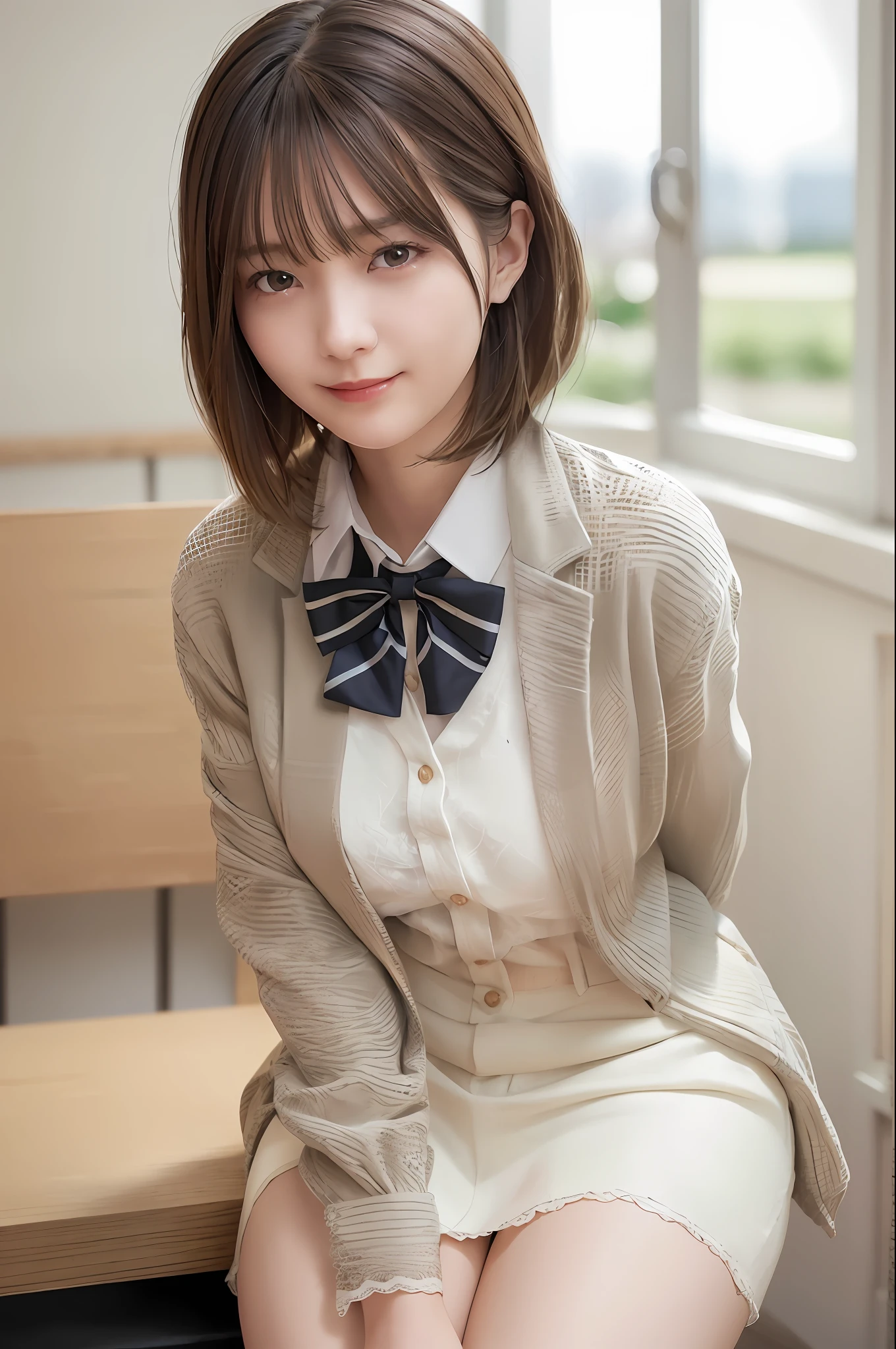 (RAW photos, highest quality), (Realistic, Photorealistic: 1.3), masterpiece, very delicate and beautiful, very elaborate, CG, Unity, 2K wallpapers, wonderful, fine, bright smile, very elaborate CG Unity 8K wallpapers, huge file size, ultra high definition, high resolution, absurdity, soft light, ((Short hair: 1.3), short bang, Silver hair, floating hair novafrog style), beautiful girl in detail, fine fingers, very fine eyes and face, beautiful nose in detail, beautiful eyes in detail, long eyelashes, shining light on face, looking at the viewer, (with mouth closed: 1.2) 1 girl, cute, young, mature face, (full body: 1.3) realistic face, realistic body, slender beautiful thighs, ( ulzzang-6500-v1. 1:0.8) Business suits, cross lace clothes, collared shirts, open clothes, office, open cardigan, black thighs,