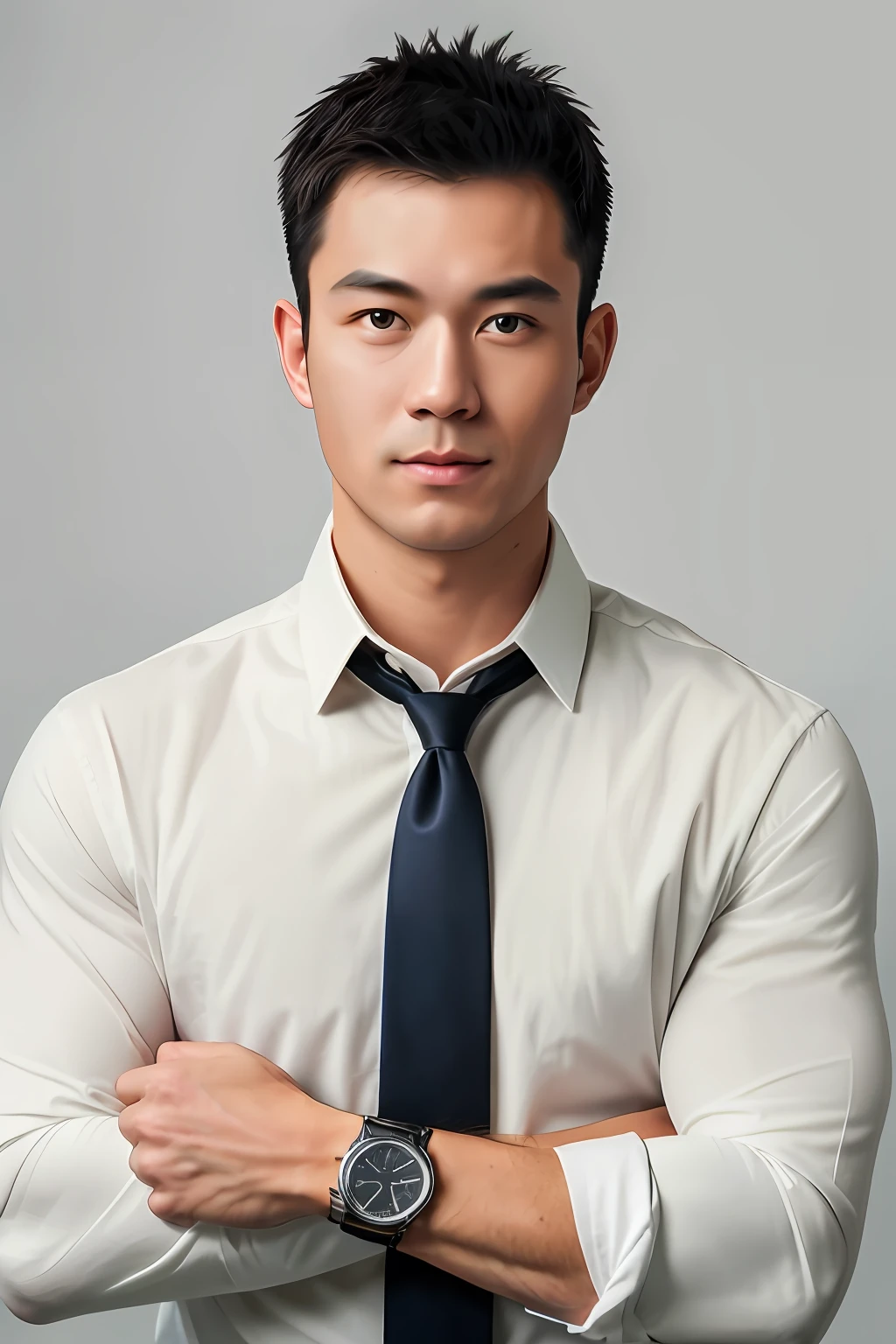 1man,
a 30 y.o muscular male wearing long-sleeve white shirt and tie, with a watch, upper body,
in camera studio with 3 flash, soft lighting,
masterpiece, best quality, 8k uhd, dslr, film grain, Fujifilm XT3 photorealistic painting art by midjourney and greg rutkowski