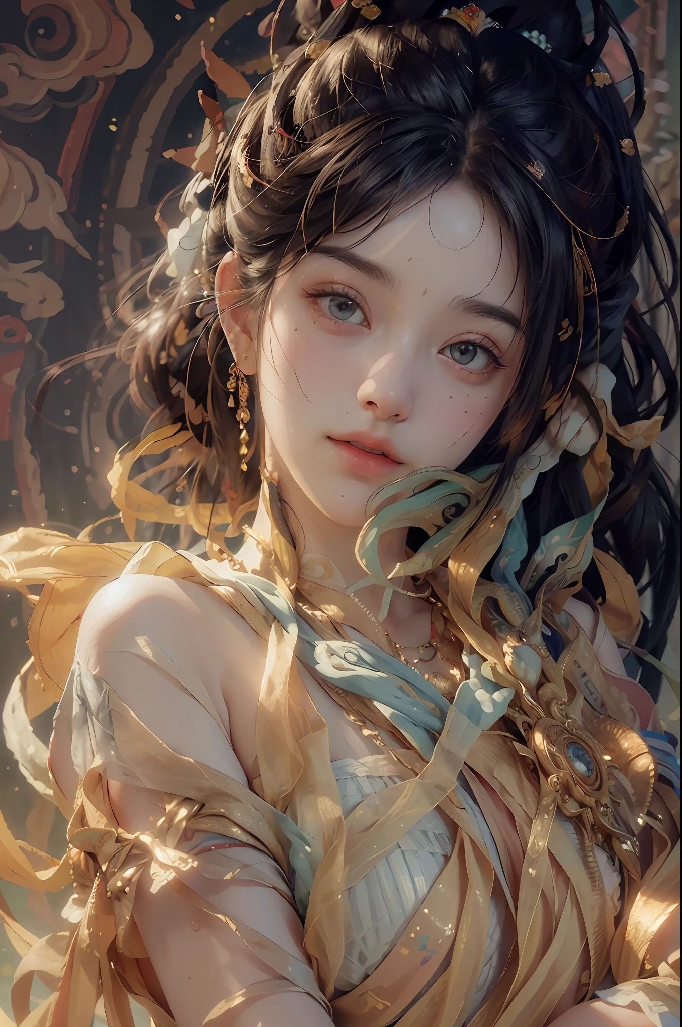 (RAW photo, best quality), (realistic, photo-realistic:1.3),best quality,highly detailed,masterpiece,ultra-detailed,illustration,1girl,upper_body,dynamic angle,world masterpiece theater,messy_long_hair,best quality,extremely detailed CG unity 8k wallpaper,ink,Amazing,cinematic lighting,lens_flare, dunhuang_style