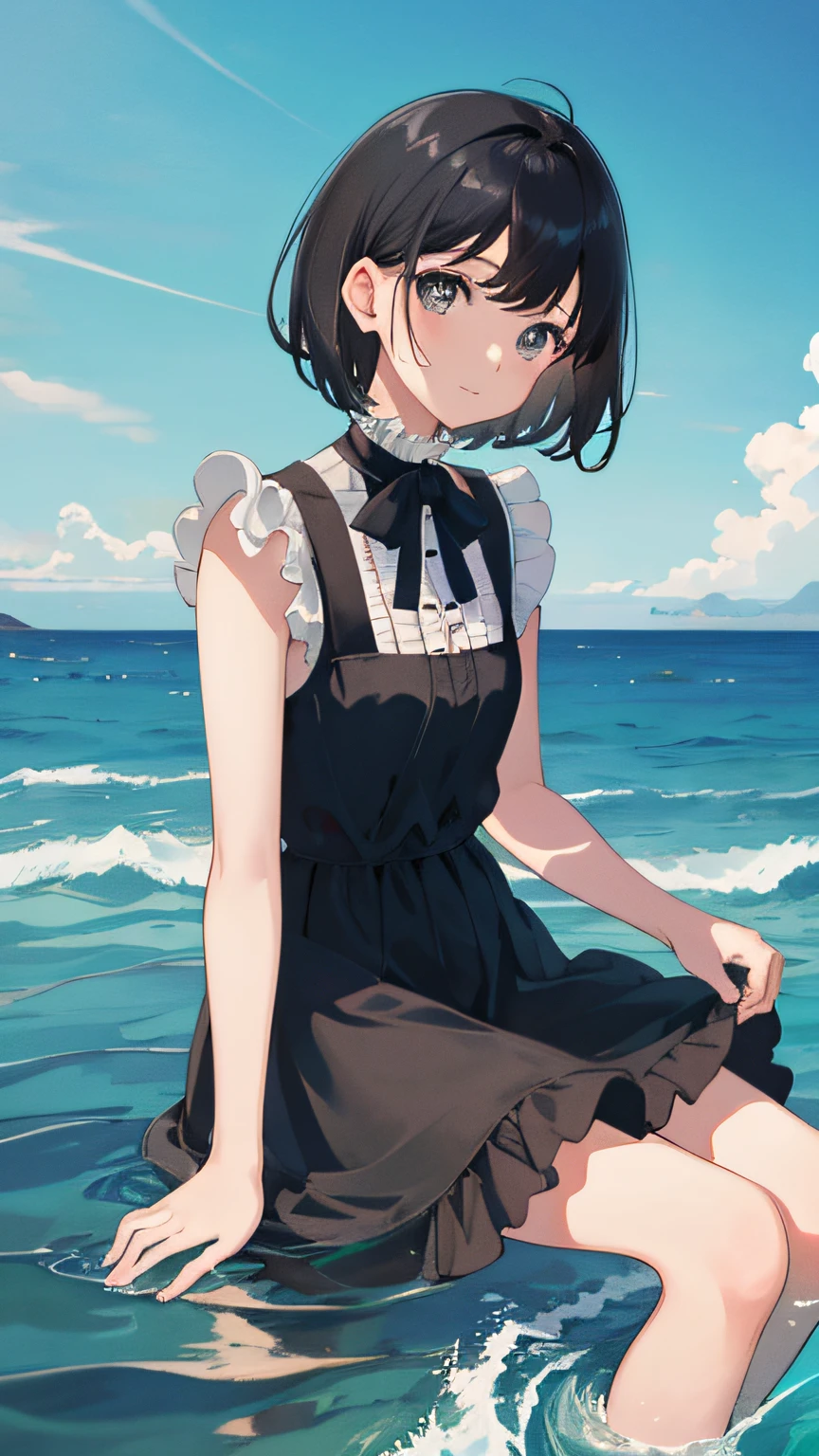 masterpiece, best quality, 1girl, upper body, sitting, swept bangs, short hair, , black hair, dress, frills, outdoors, horizon, sky, ocean, water, water world, waves, ripples, ,