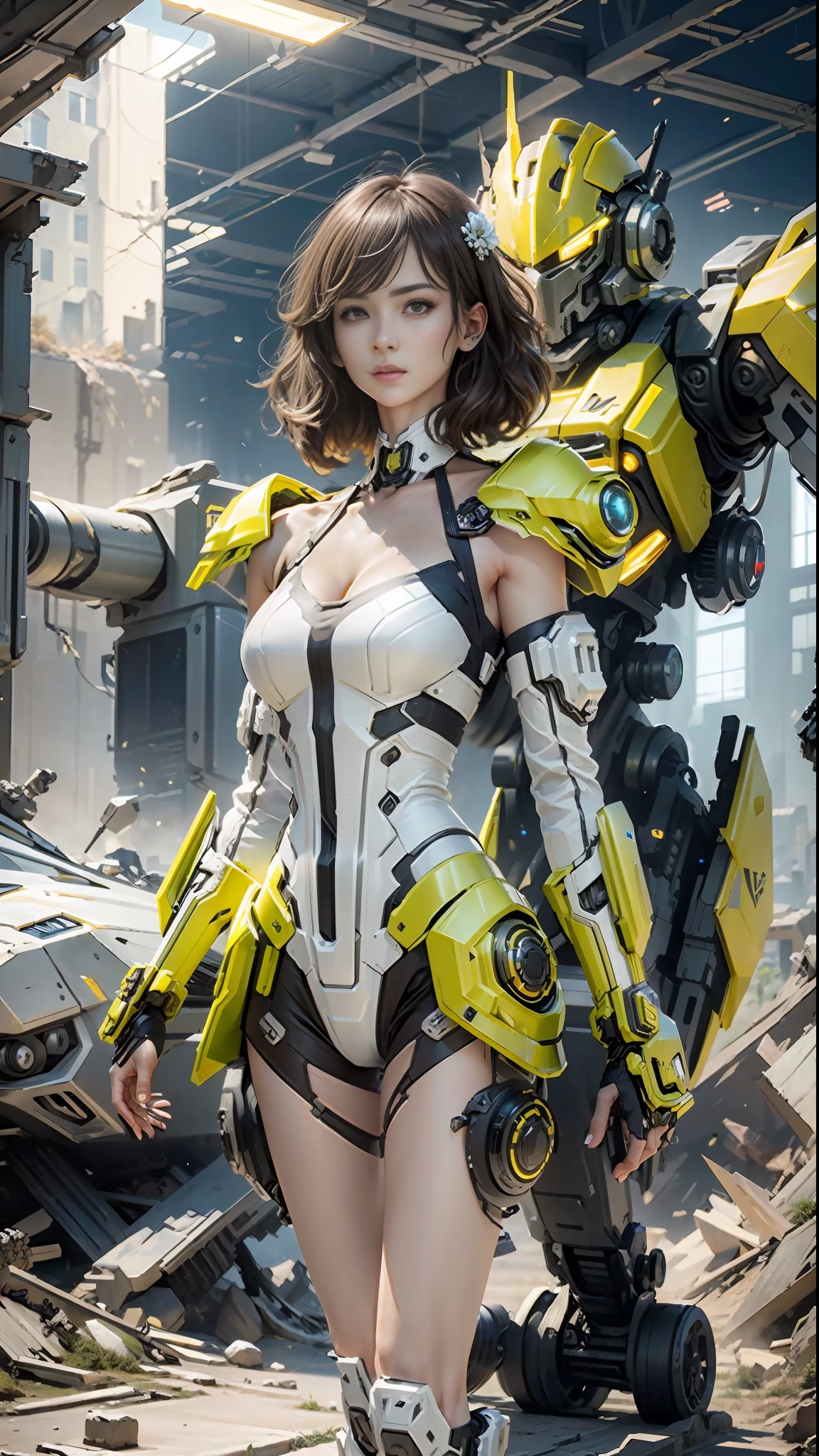 ((Best Quality)), ((Masterpiece)), (Very Detailed:1.3), 3D, Shitu-mecha, Beautiful cyberpunk woman with her mech in the ruins of a city in the forgotten war, ancient technology, exquisite makeup, HDR (High Dynamic Range), ray tracing, NVIDIA RTX, super resolution, Unreal 5, subsurface scattering, PBR texture, post-processing, anisotropic filtering, depth of field, maximum sharpness and sharpness, multi-layer texture, albedo and highlight maps, Surface shading, accurate simulation of light-material interactions, perfect proportions, octane rendering, duotone lighting, low ISO, white balance, rule of thirds, wide aperture, 8K RAW, high efficiency sub-pixels, subpixel convolution, luminous particles, light scattering, tyndall effect, collarbone, bare shoulder, combat stance, hands clenched into fists
