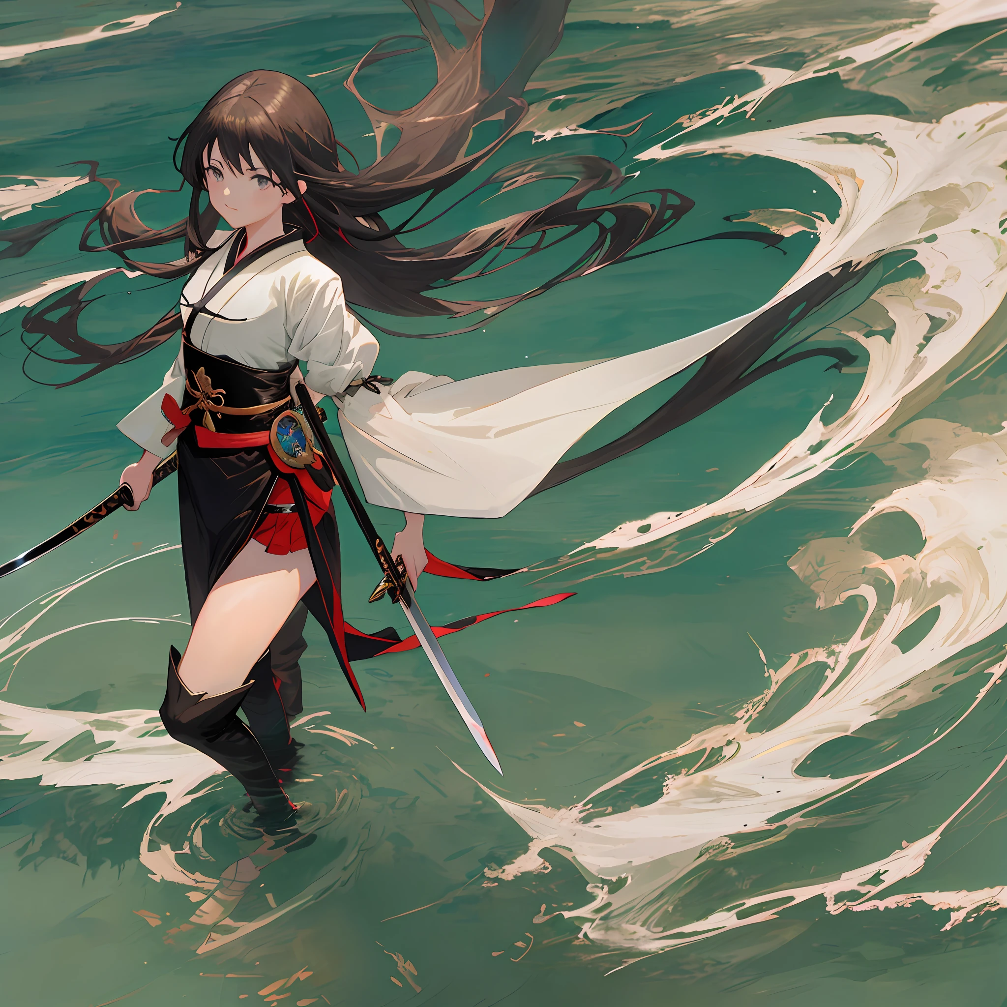 Anime girl standing on water with long hair holding sword, 4k anime wallpaper, anime style 4 K, anime wallpaper 4k, anime wallpaper 4 k, anime art wallpaper 8 k, anime art wallpaper 4k, anime art wallpaper 4k, girl in hanfu